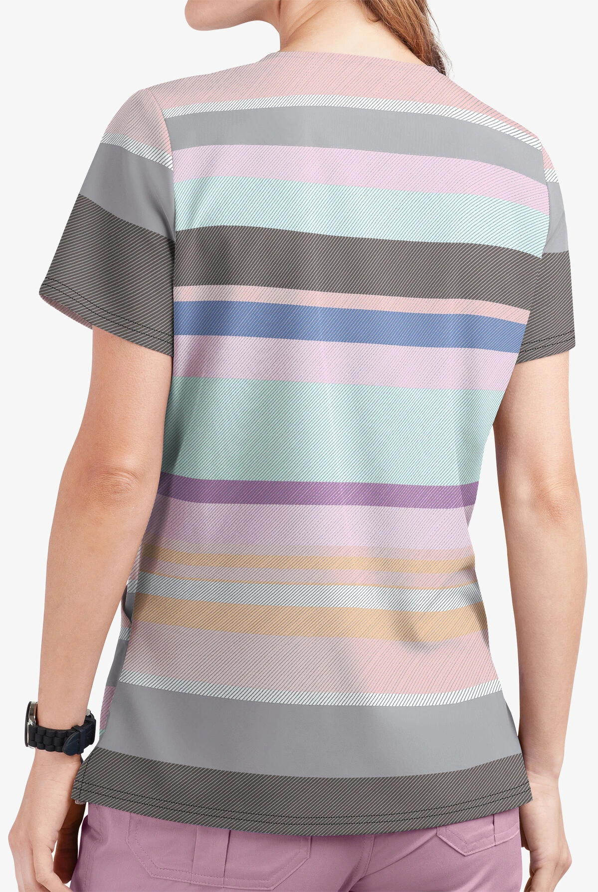 UA Butter-Soft STRETCH Stripes On Stripes Cool Grey Women's 2-Pocket V-Neck Print Scrub Top 4 UA Butter-Soft STRETCH Stripes On Stripes Cool Grey Women's 2-Pocket V-Neck Print Scrub Top - Image 2