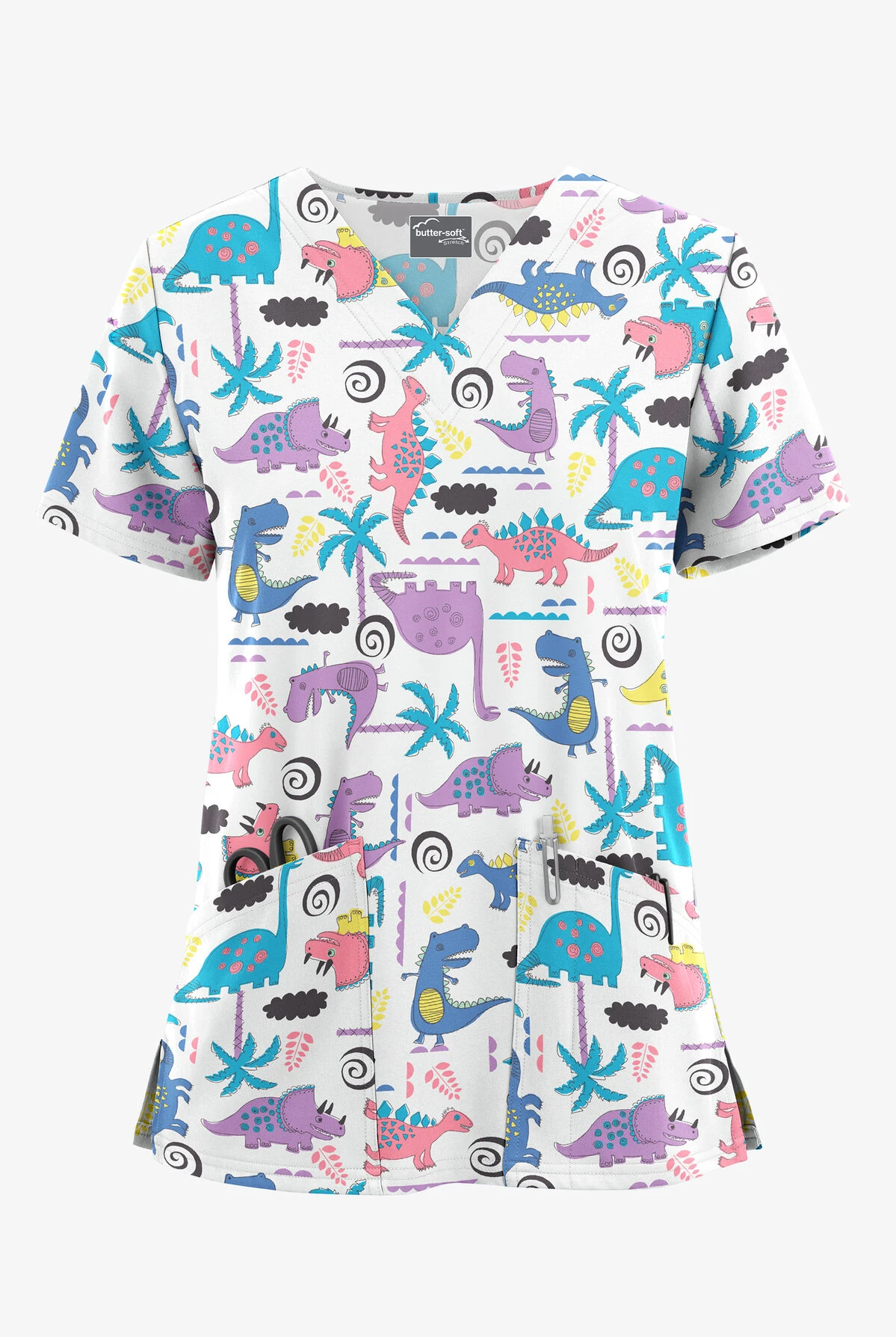 UA Butter-Soft STRETCH Stompin' Dino Orchid Women's 2-Pocket V-Neck Printed Scrub Top 3 UA Butter-Soft STRETCH Stompin' Dino Orchid Women's 2-Pocket V-Neck Printed Scrub Top