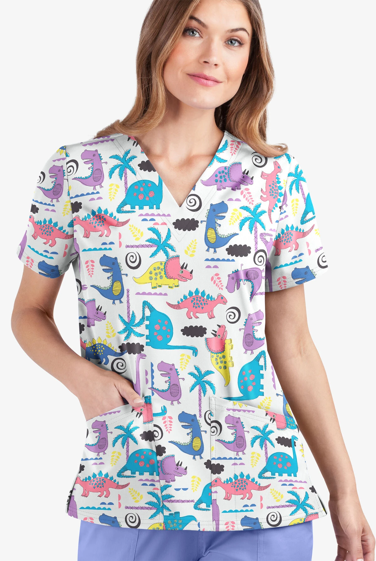 UA Butter-Soft STRETCH Stompin' Dino Orchid Women's 2-Pocket V-Neck Printed Scrub Top 4 UA Butter-Soft STRETCH Stompin' Dino Orchid Women's 2-Pocket V-Neck Printed Scrub Top - Image 2