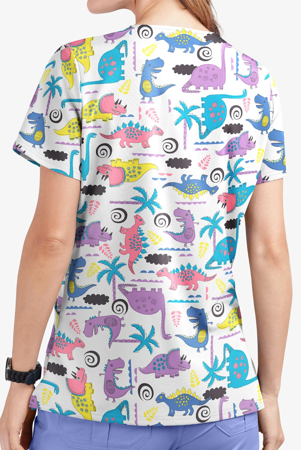 UA Butter-Soft STRETCH Stompin' Dino Orchid Women's 2-Pocket V-Neck Printed Scrub Top 5 UA Butter-Soft STRETCH Stompin' Dino Orchid Women's 2-Pocket V-Neck Printed Scrub Top - Image 3