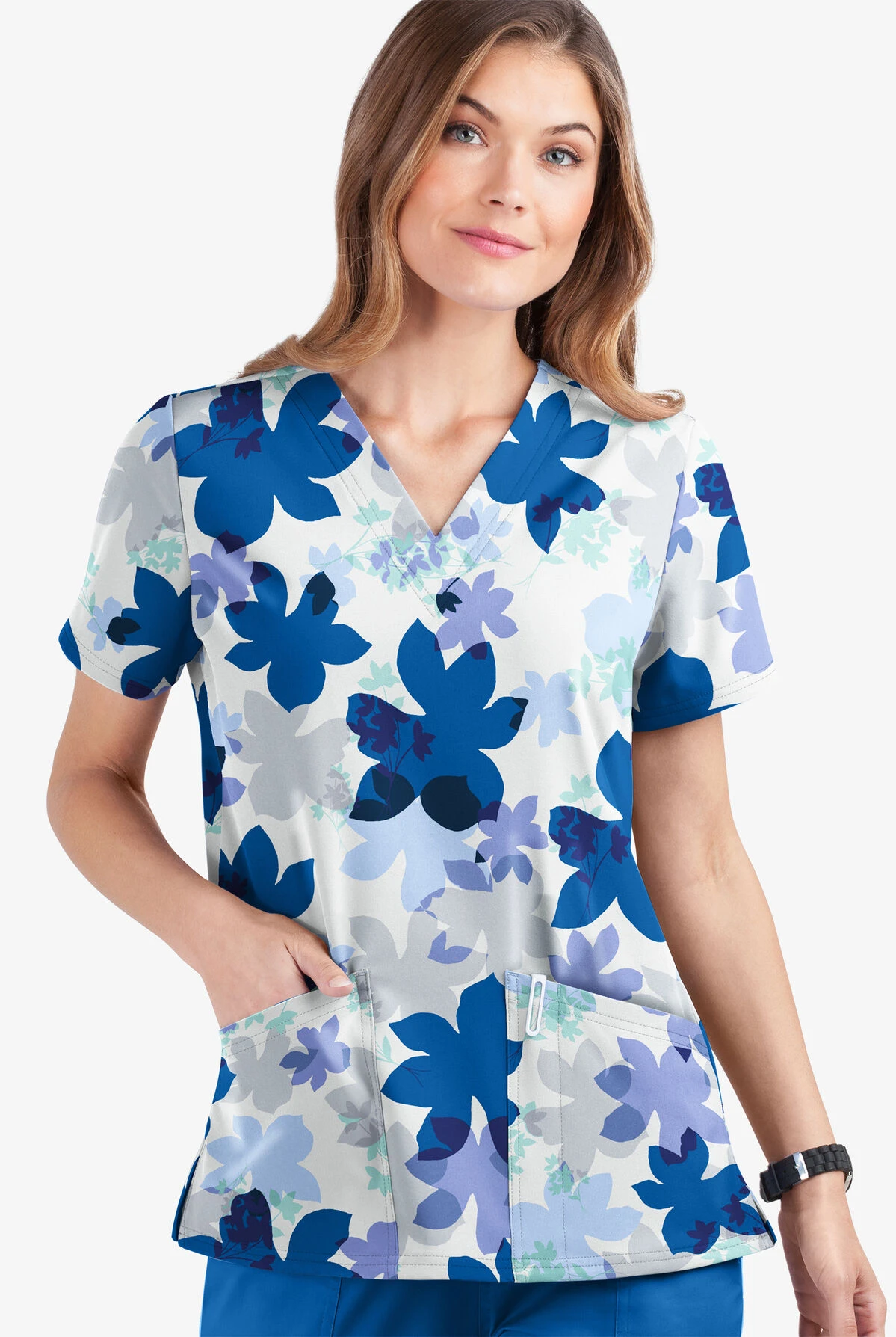 UA Butter-Soft STRETCH Floral Shades White Printed Women's 2-Pocket V-Neck Scrub Top 3 UA Butter-Soft STRETCH Floral Shades White Printed Women's 2-Pocket V-Neck Scrub Top