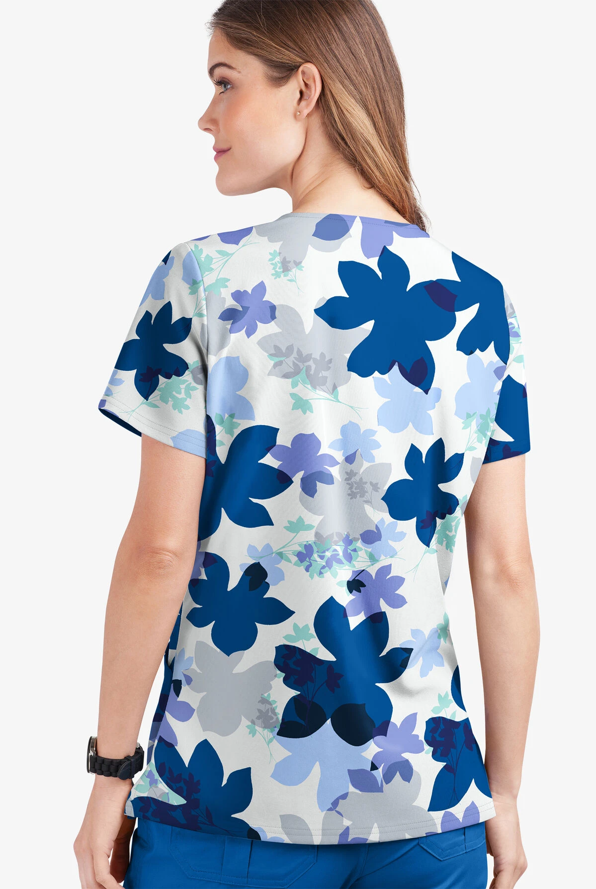 UA Butter-Soft STRETCH Floral Shades White Printed Women's 2-Pocket V-Neck Scrub Top 4 UA Butter-Soft STRETCH Floral Shades White Printed Women's 2-Pocket V-Neck Scrub Top - Image 2