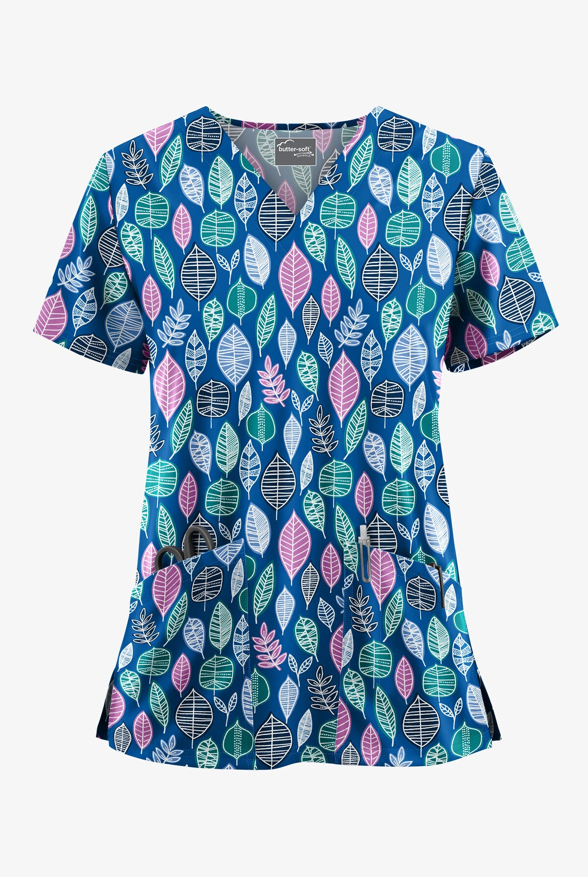 UA Butter-Soft STRETCH Swedish Leaves Royal Women's 2-Pocket V-Neck Print Scrub Top 3 UA Butter-Soft STRETCH Swedish Leaves Royal Women's 2-Pocket V-Neck Print Scrub Top