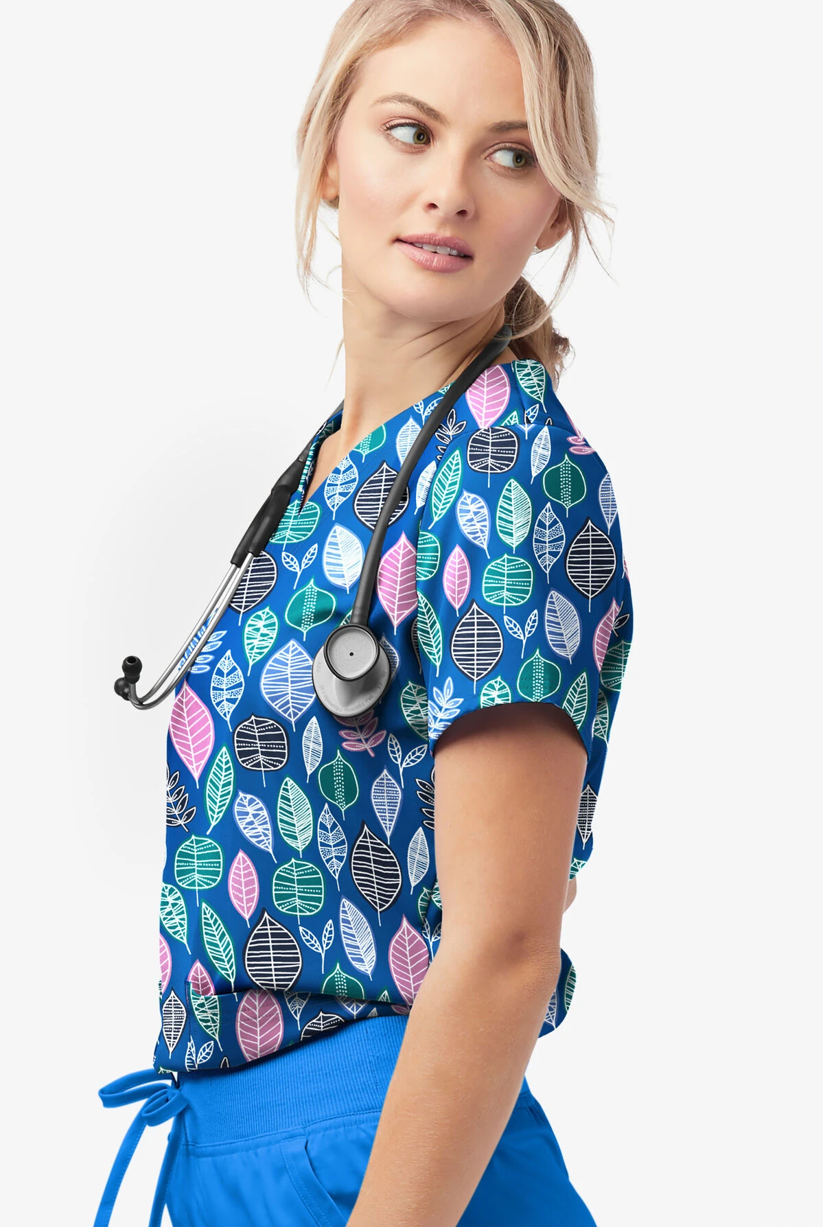 UA Butter-Soft STRETCH Swedish Leaves Royal Women's 2-Pocket V-Neck Print Scrub Top 5 UA Butter-Soft STRETCH Swedish Leaves Royal Women's 2-Pocket V-Neck Print Scrub Top - Image 3