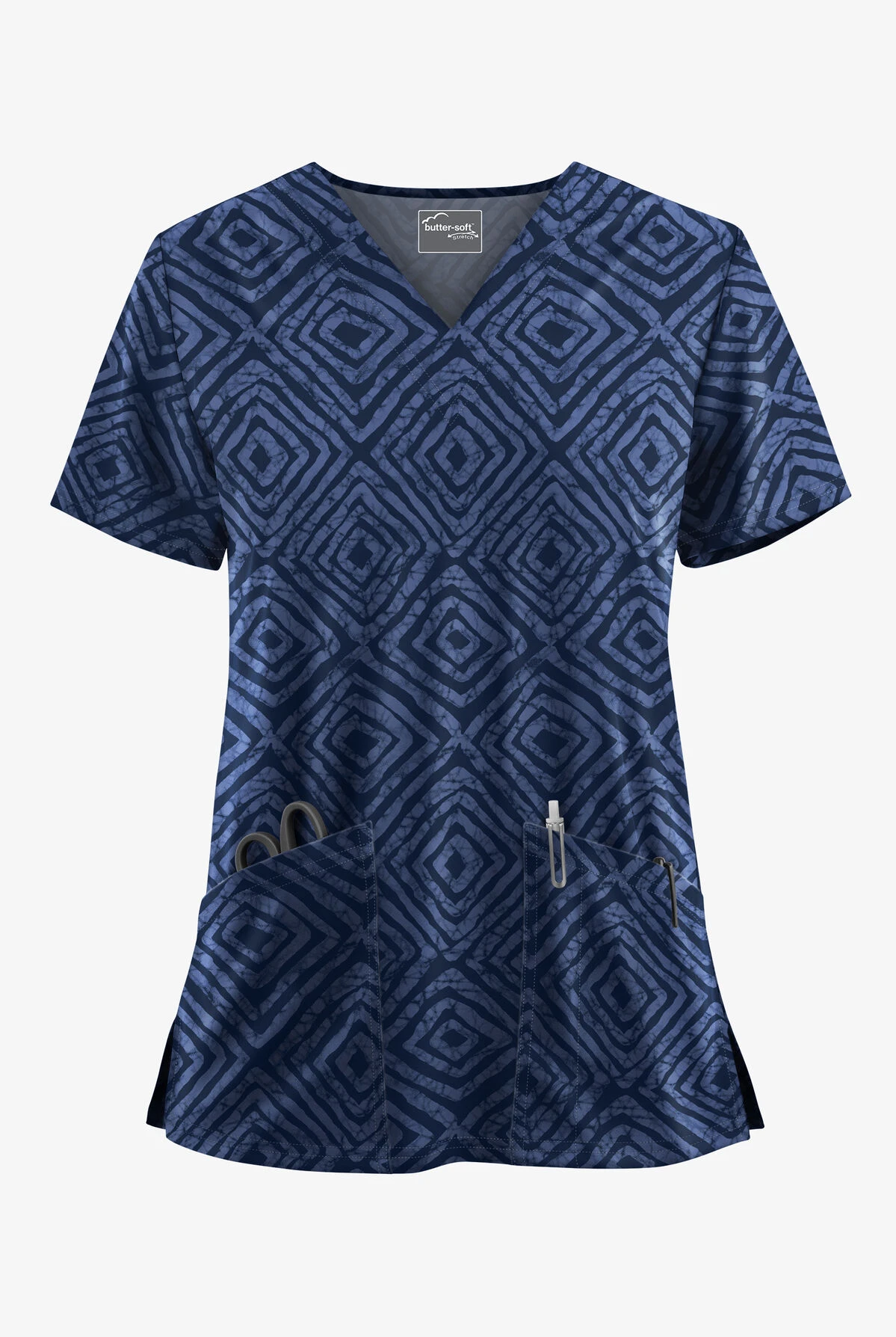 UA Butter-Soft STRETCH Tie-Dye Tiles Navy Women's 2-Pocket V-Neck Print Scrub Top 3 UA Butter-Soft STRETCH Tie-Dye Tiles Navy Women's 2-Pocket V-Neck Print Scrub Top