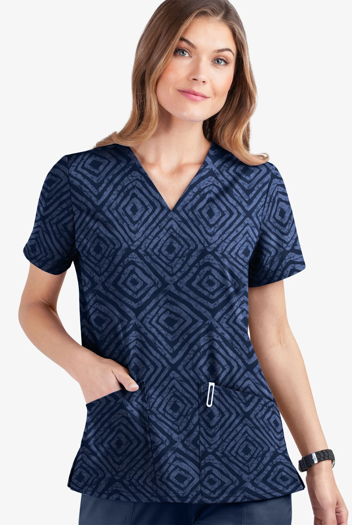 UA Butter-Soft STRETCH Tie-Dye Tiles Navy Women's 2-Pocket V-Neck Print Scrub Top 4 UA Butter-Soft STRETCH Tie-Dye Tiles Navy Women's 2-Pocket V-Neck Print Scrub Top - Image 2