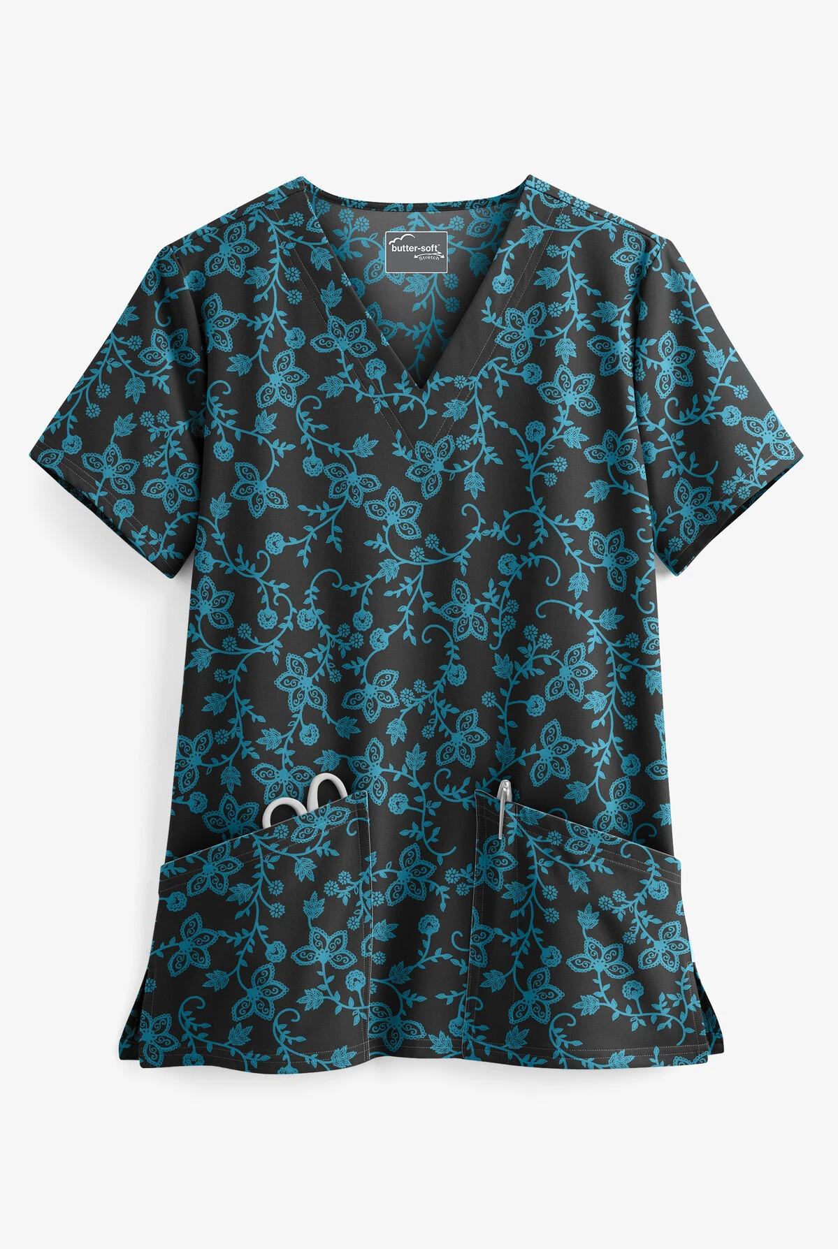 UA Butter-Soft STRETCH Floral Vines Black Printed Women's 2-Pocket V-Neck Scrub Top 3 UA Butter-Soft STRETCH Floral Vines Black Printed Women's 2-Pocket V-Neck Scrub Top