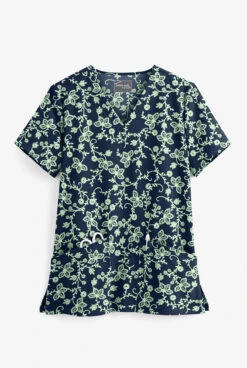 UA Butter-Soft STRETCH Floral Vines Navy Women's 2-Pocket V-Neck Print Scrub Top