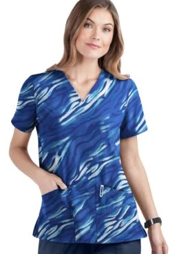 UA Butter-Soft STRETCH Wild Stripes Amparo Blue Women's 2-Pocket V-Neck Print Scrub Top
