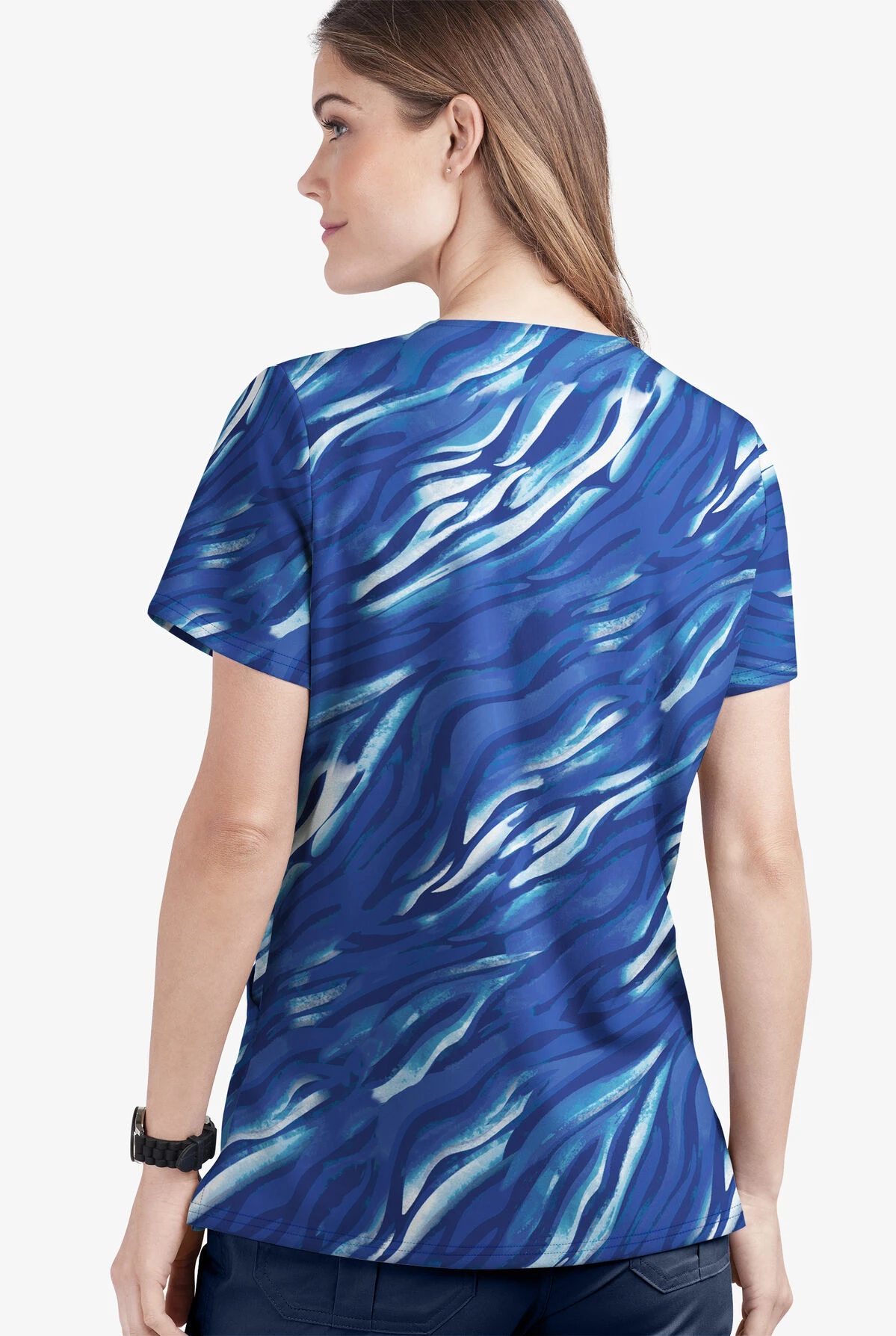 UA Butter-Soft STRETCH Wild Stripes Amparo Blue Women's 2-Pocket V-Neck Print Scrub Top 4 UA Butter-Soft STRETCH Wild Stripes Amparo Blue Women's 2-Pocket V-Neck Print Scrub Top - Image 2