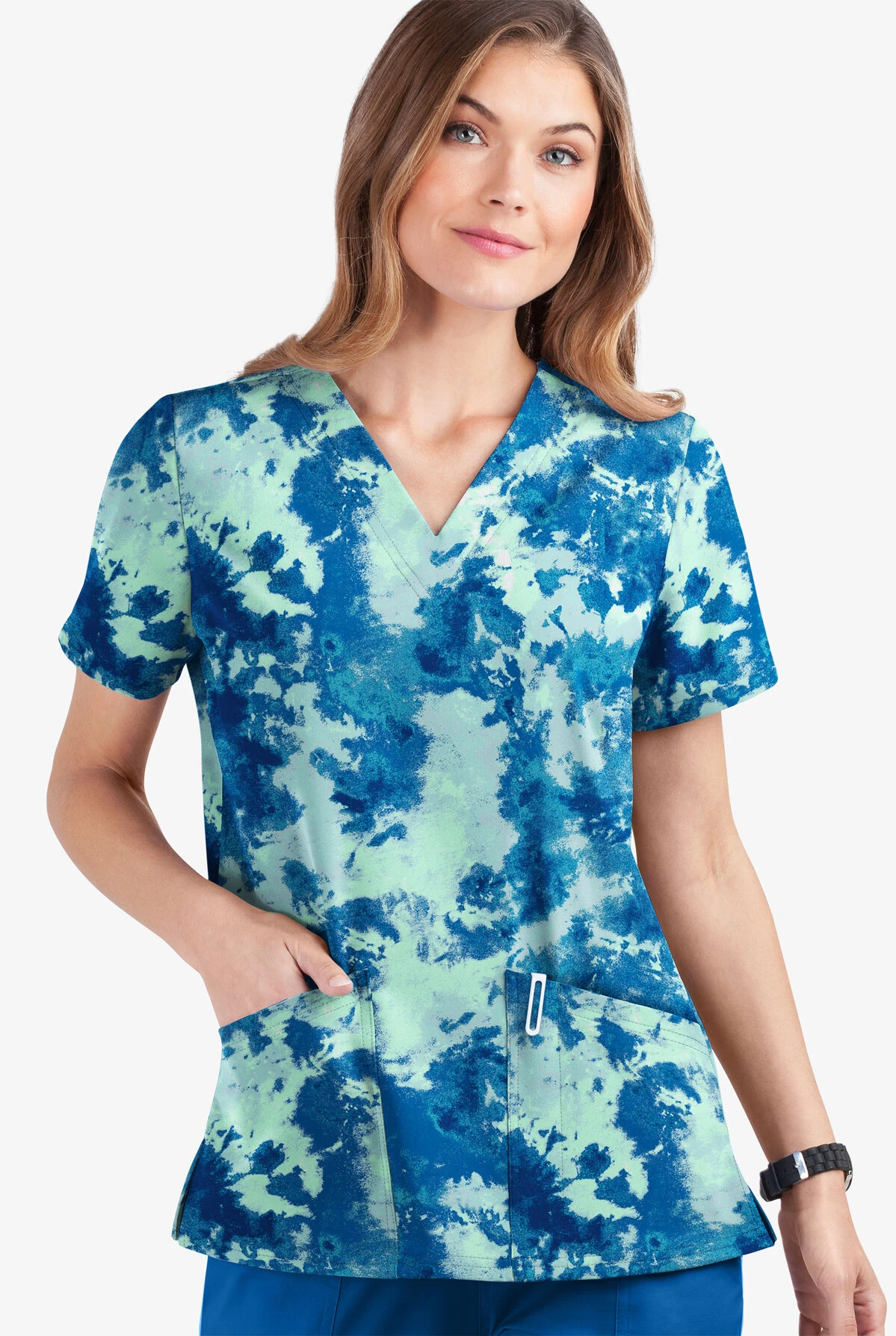 UA Butter-Soft STRETCH Watercolor Splash Aqua Moon Women's 2-Pocket V-Neck Print Scrub Top 3 UA Butter-Soft STRETCH Watercolor Splash Aqua Moon Women's 2-Pocket V-Neck Print Scrub Top