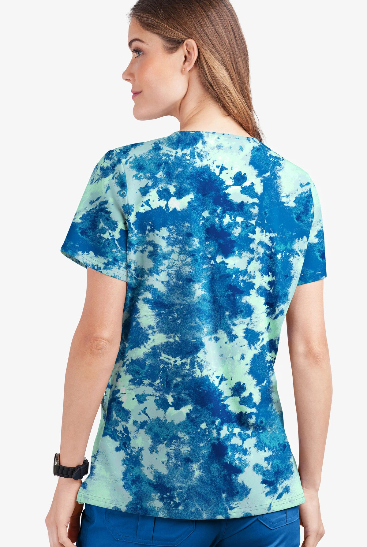 UA Butter-Soft STRETCH Watercolor Splash Aqua Moon Women's 2-Pocket V-Neck Print Scrub Top 4 UA Butter-Soft STRETCH Watercolor Splash Aqua Moon Women's 2-Pocket V-Neck Print Scrub Top - Image 2