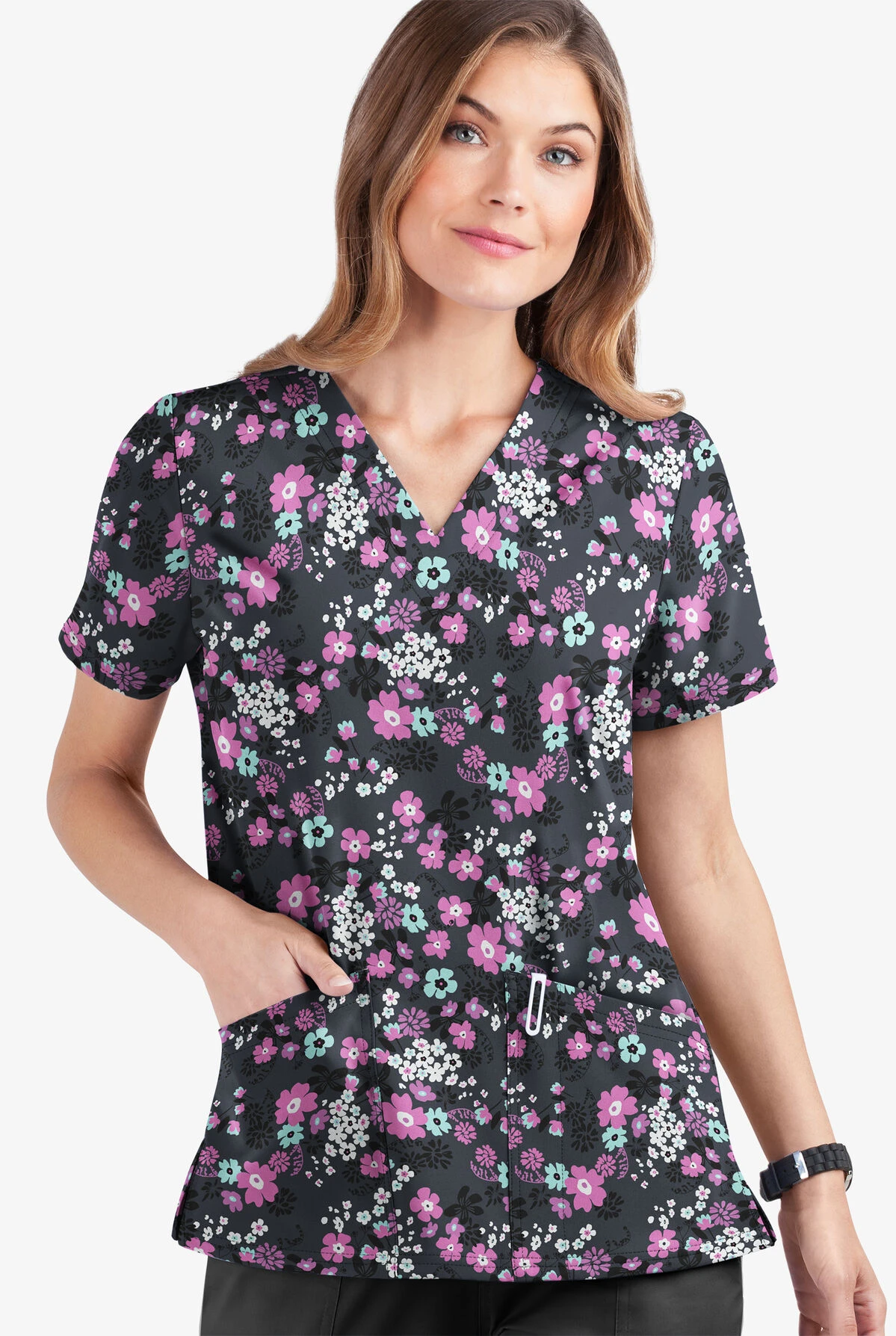 UA Butter-Soft STRETCH Whispering Floral Rosebud Women's 2-Pocket V-Neck Print Scrub Top 3 UA Butter-Soft STRETCH Whispering Floral Rosebud Women's 2-Pocket V-Neck Print Scrub Top