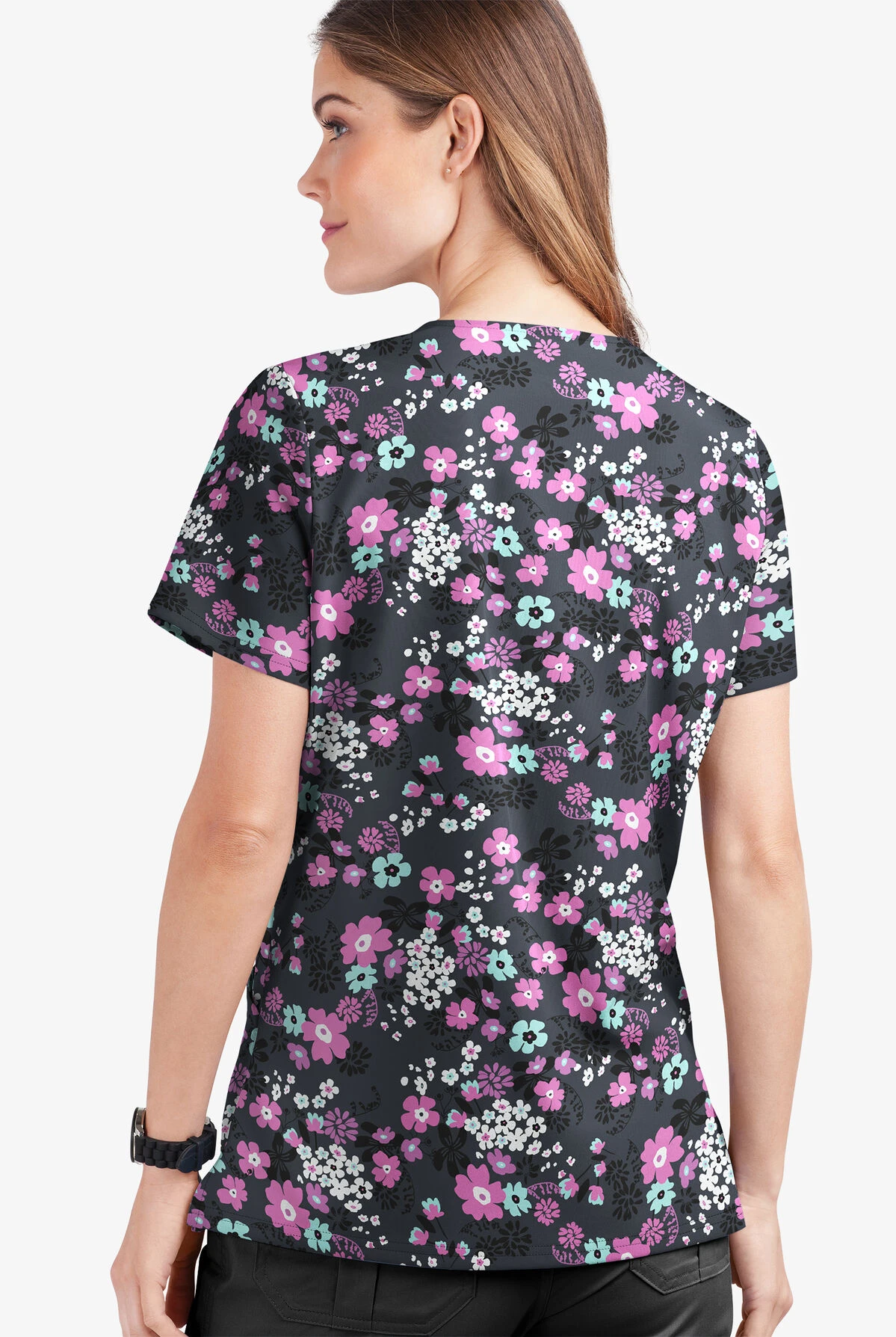 UA Butter-Soft STRETCH Whispering Floral Rosebud Women's 2-Pocket V-Neck Print Scrub Top 4 UA Butter-Soft STRETCH Whispering Floral Rosebud Women's 2-Pocket V-Neck Print Scrub Top - Image 2