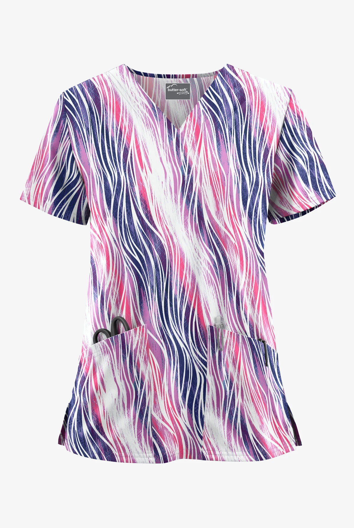 UA Butter-Soft STRETCH Water Waves Fuchsia Women's 2-Pocket V-Neck Print Scrub Top 3 UA Butter-Soft STRETCH Water Waves Fuchsia Women's 2-Pocket V-Neck Print Scrub Top