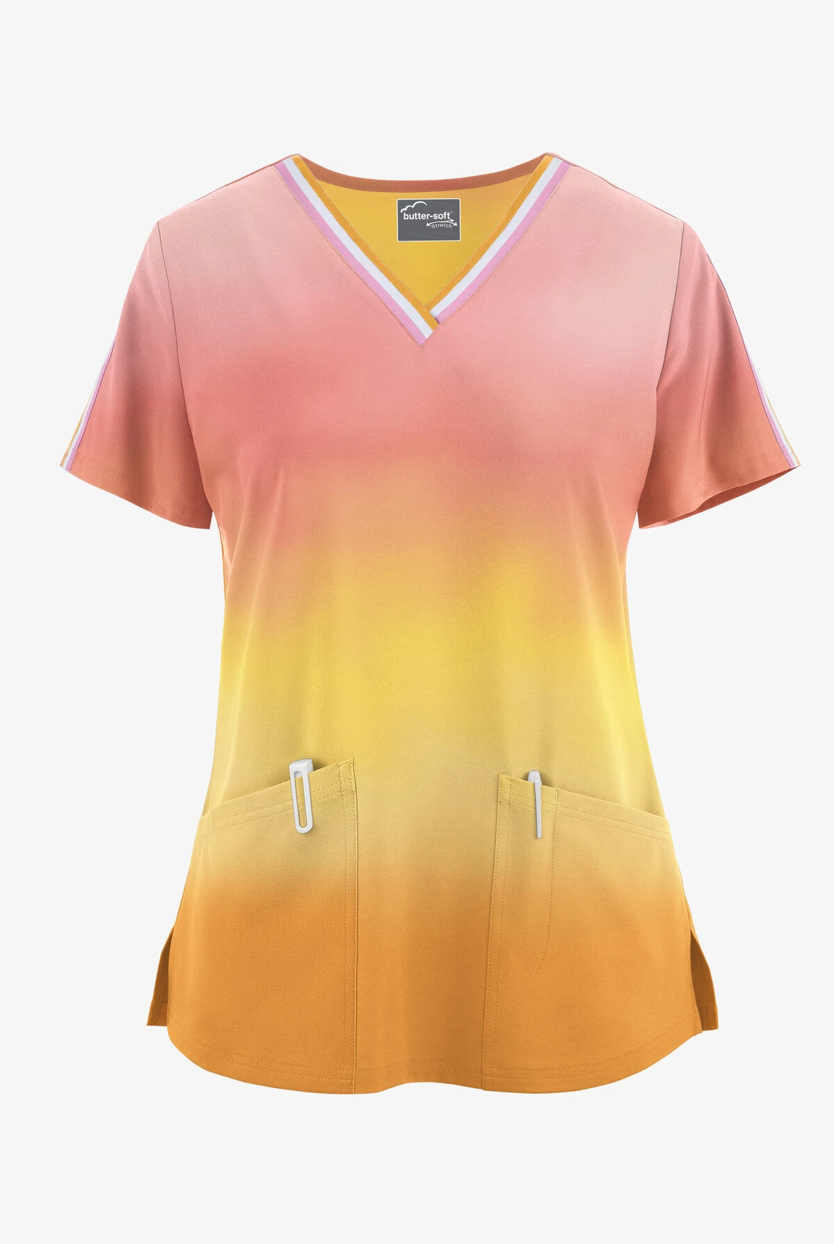 UA Butter-Soft STRETCH Evening Sky Ombre Apricot Sunset Women's 3-Pocket V-Neck With Trim Scrub Top 3 UA Butter-Soft STRETCH Evening Sky Ombre Apricot Sunset Women's 3-Pocket V-Neck With Trim Scrub Top