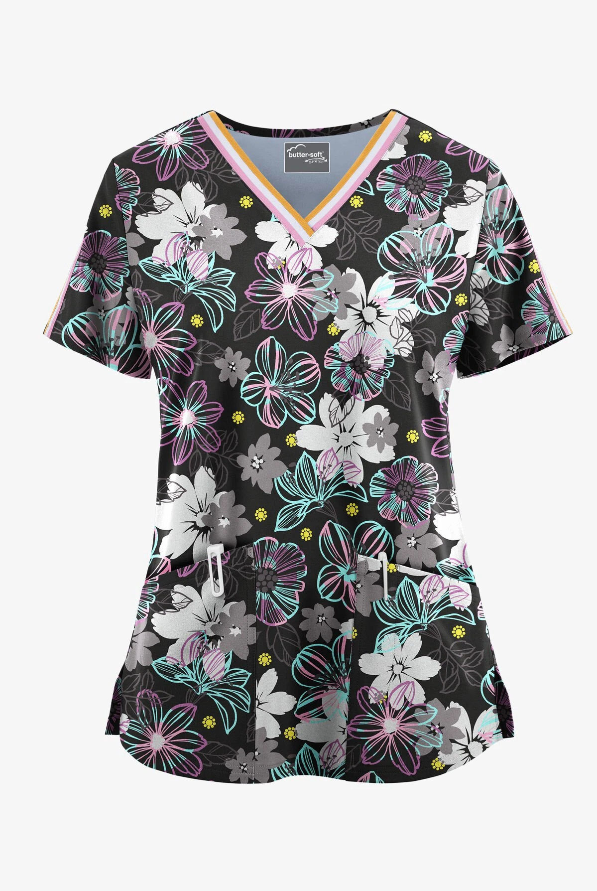 UA Butter-Soft STRETCH Jacobean Spring Eucalyptus Leaf Women's 3-Pocket V-Neck With Trim Scrub Top 3 UA Butter-Soft STRETCH Jacobean Spring Eucalyptus Leaf Women's 3-Pocket V-Neck With Trim Scrub Top
