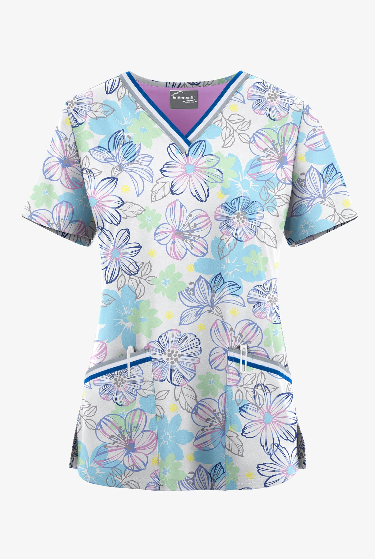 UA Butter-Soft STRETCH Floral Mirage Poolside View Women's 3-Pocket V-Neck With Trim Scrub Top 3 UA Butter-Soft STRETCH Floral Mirage Poolside View Women's 3-Pocket V-Neck With Trim Scrub Top