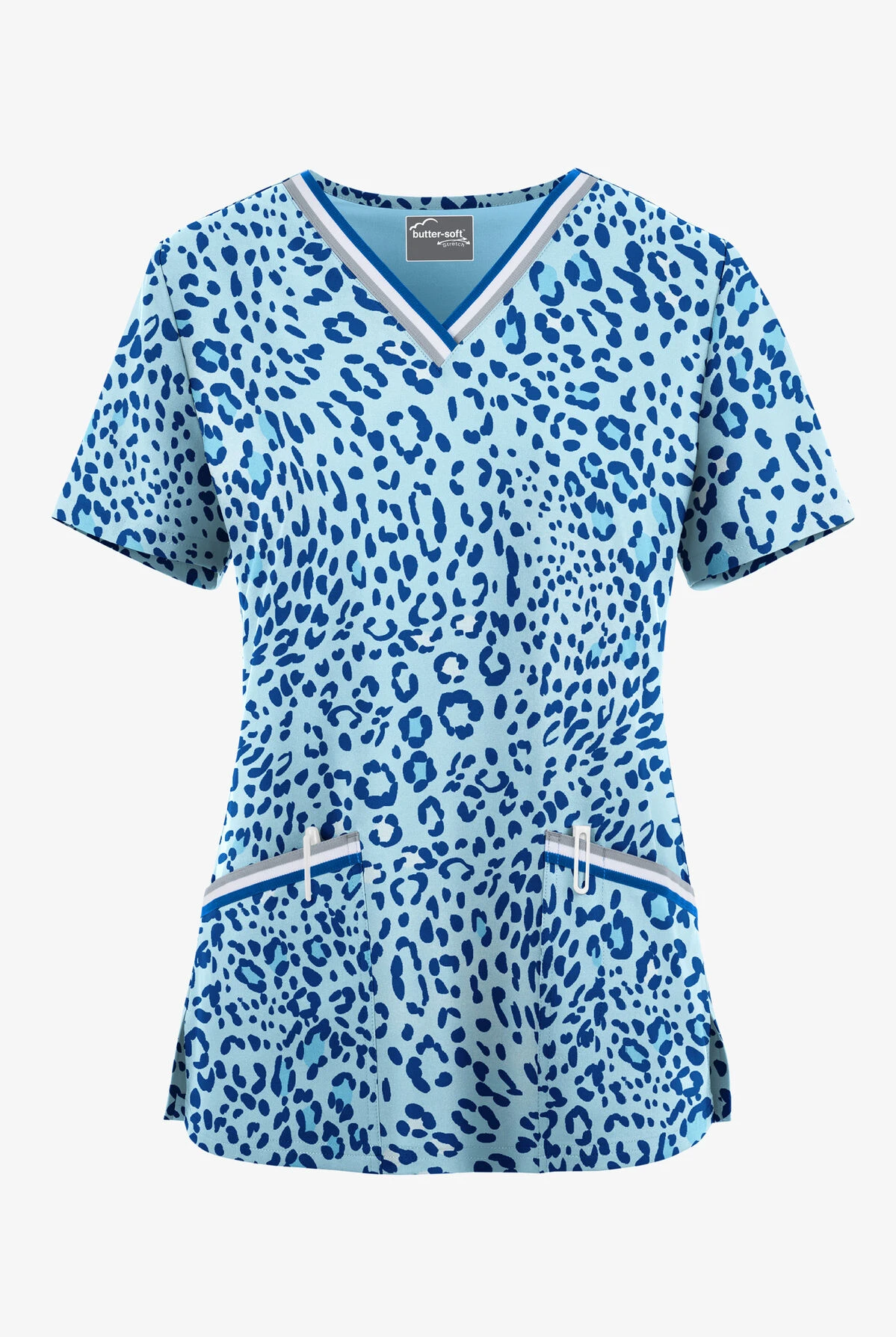 UA Butter-Soft STRETCH Summer Animal Royal Women's 3-Pocket V-Neck With Sport Trim Scrub Top 3 UA Butter-Soft STRETCH Summer Animal Royal Women's 3-Pocket V-Neck With Sport Trim Scrub Top