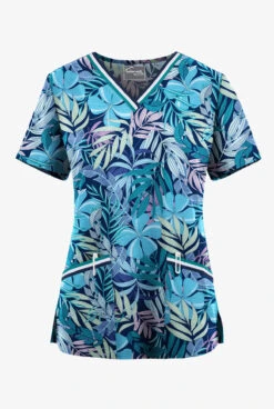 UA Butter-Soft Stretch Tropical Mix Navy Women's 3-Pocket V-Neck With Sport Trim Scrub Top