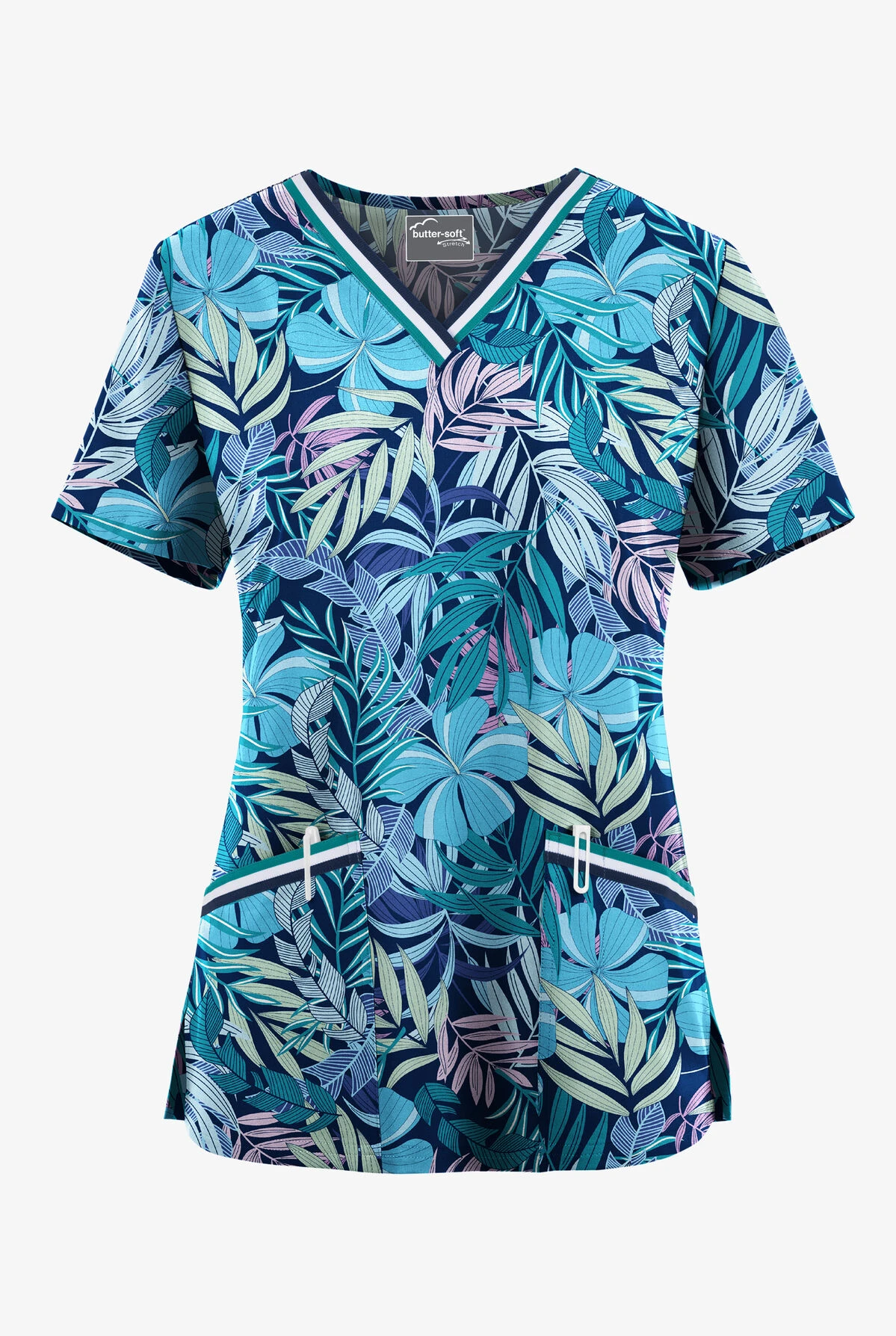 UA Butter-Soft Stretch Tropical Mix Navy Women's 3-Pocket V-Neck With Sport Trim Scrub Top 3 UA Butter-Soft Stretch Tropical Mix Navy Women's 3-Pocket V-Neck With Sport Trim Scrub Top