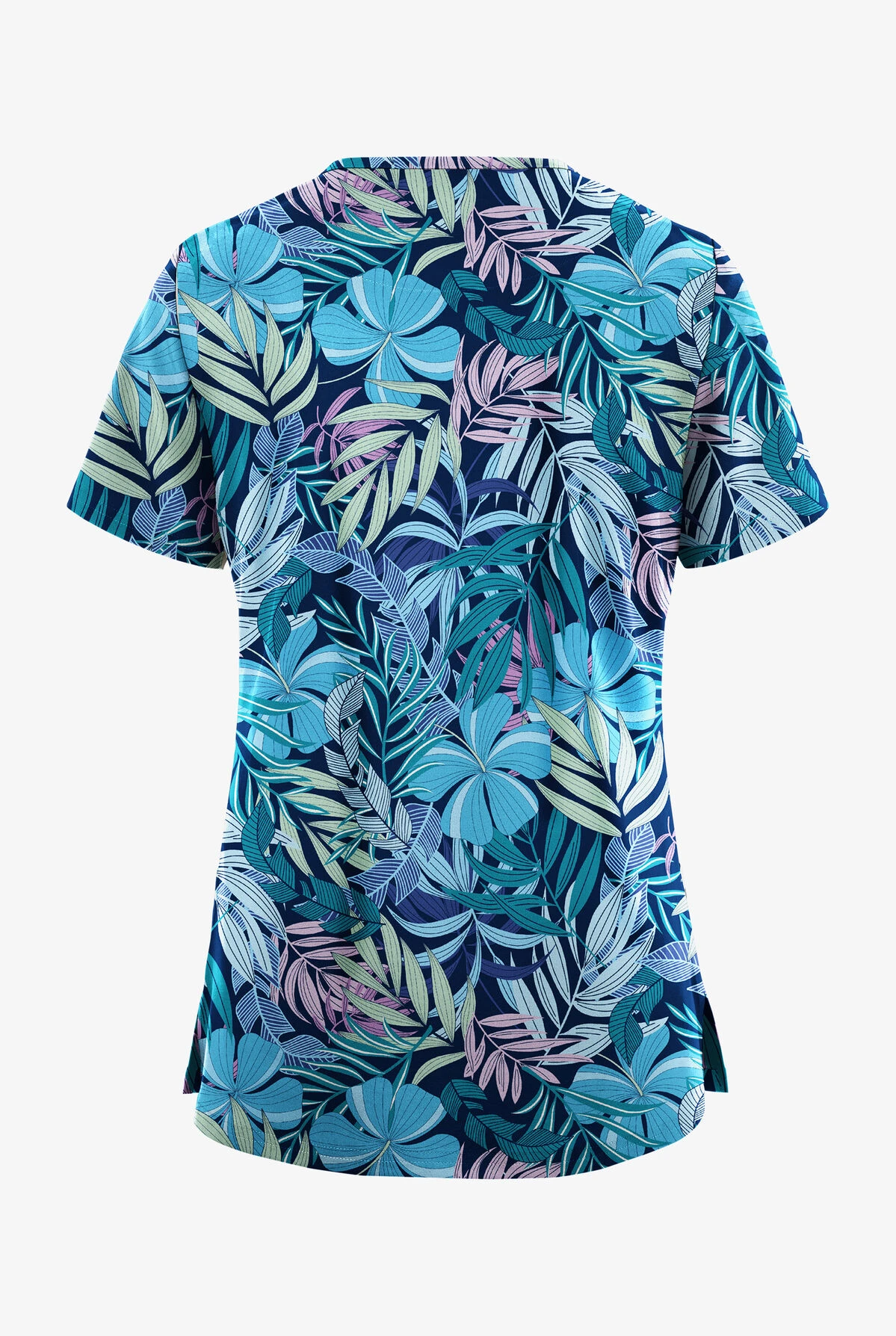 UA Butter-Soft Stretch Tropical Mix Navy Women's 3-Pocket V-Neck With Sport Trim Scrub Top 4 UA Butter-Soft Stretch Tropical Mix Navy Women's 3-Pocket V-Neck With Sport Trim Scrub Top - Image 2