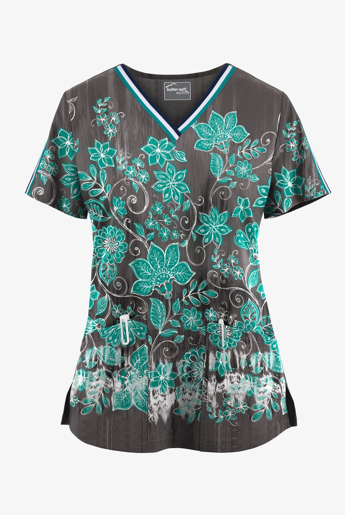 UA Butter-Soft STRETCH Wildflower Border Pewter Women's V-Neck 3 Pocket Printed Scrub Top 3 UA Butter-Soft STRETCH Wildflower Border Pewter Women's V-Neck 3 Pocket Printed Scrub Top