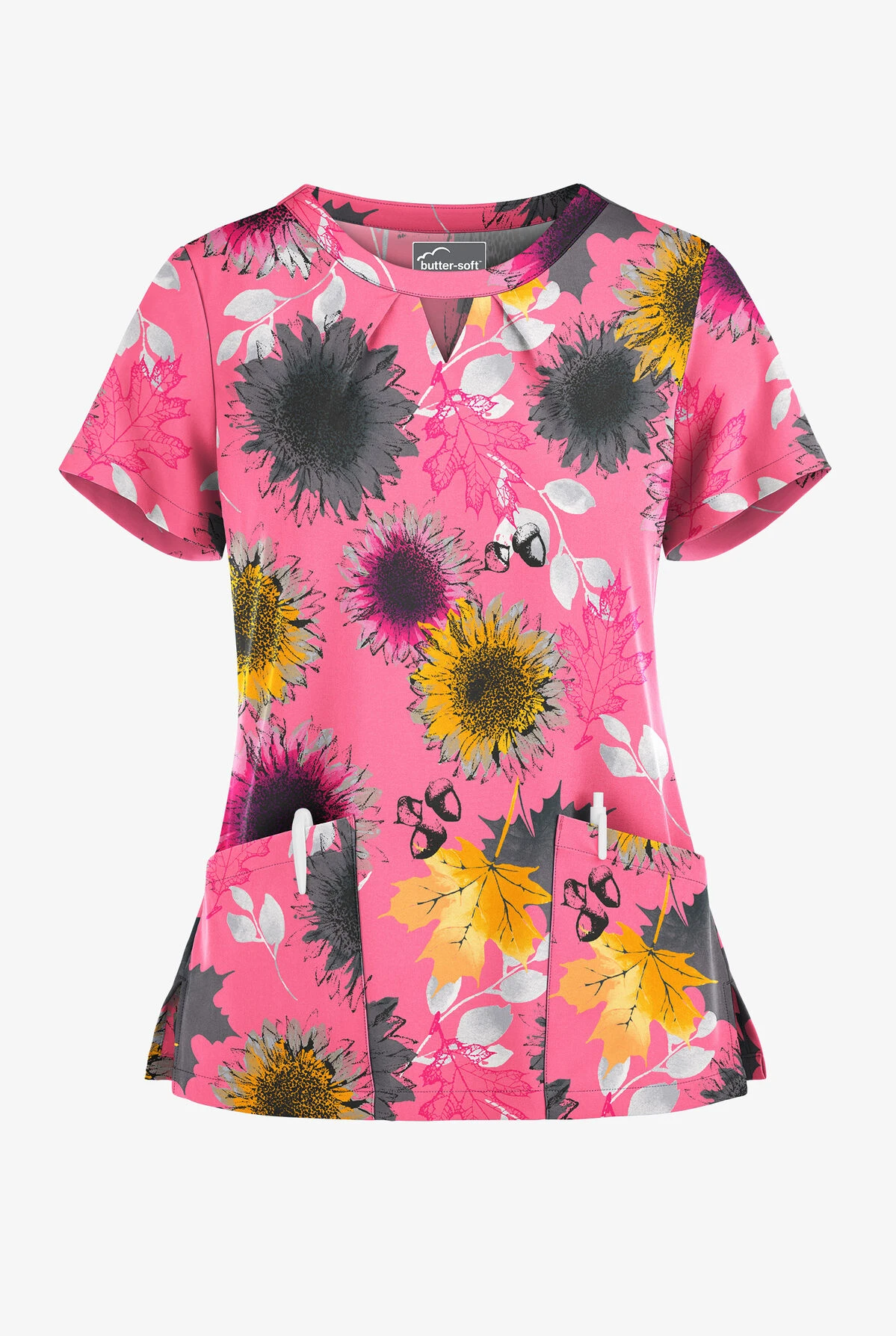 Butter-Soft Autumn Sunflowers Rose Dusk Women's 2-Pocket Keyhole V-Neck Printed Scrub Top 3 Butter-Soft Autumn Sunflowers Rose Dusk Women's 2-Pocket Keyhole V-Neck Printed Scrub Top