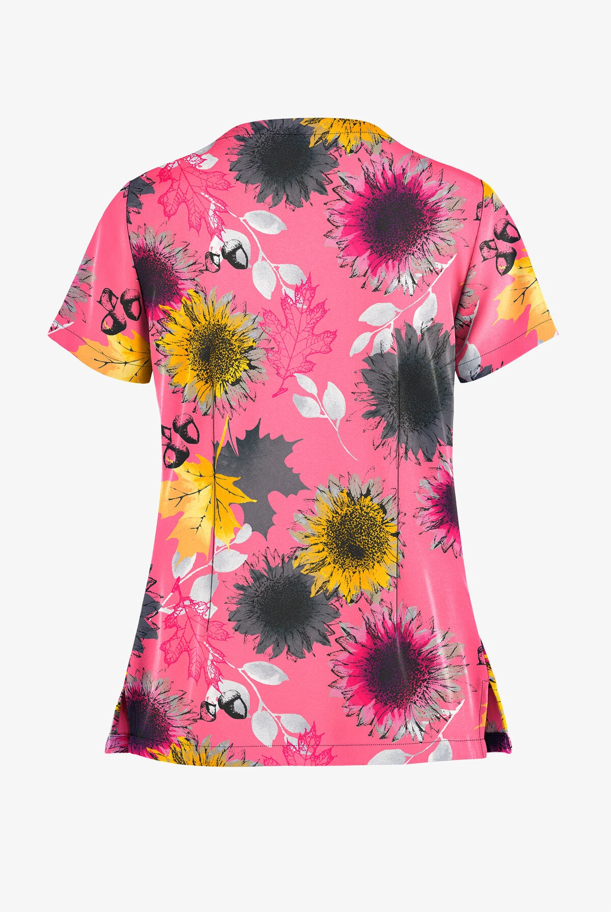 Butter-Soft Autumn Sunflowers Rose Dusk Women's 2-Pocket Keyhole V-Neck Printed Scrub Top 4 Butter-Soft Autumn Sunflowers Rose Dusk Women's 2-Pocket Keyhole V-Neck Printed Scrub Top - Image 2
