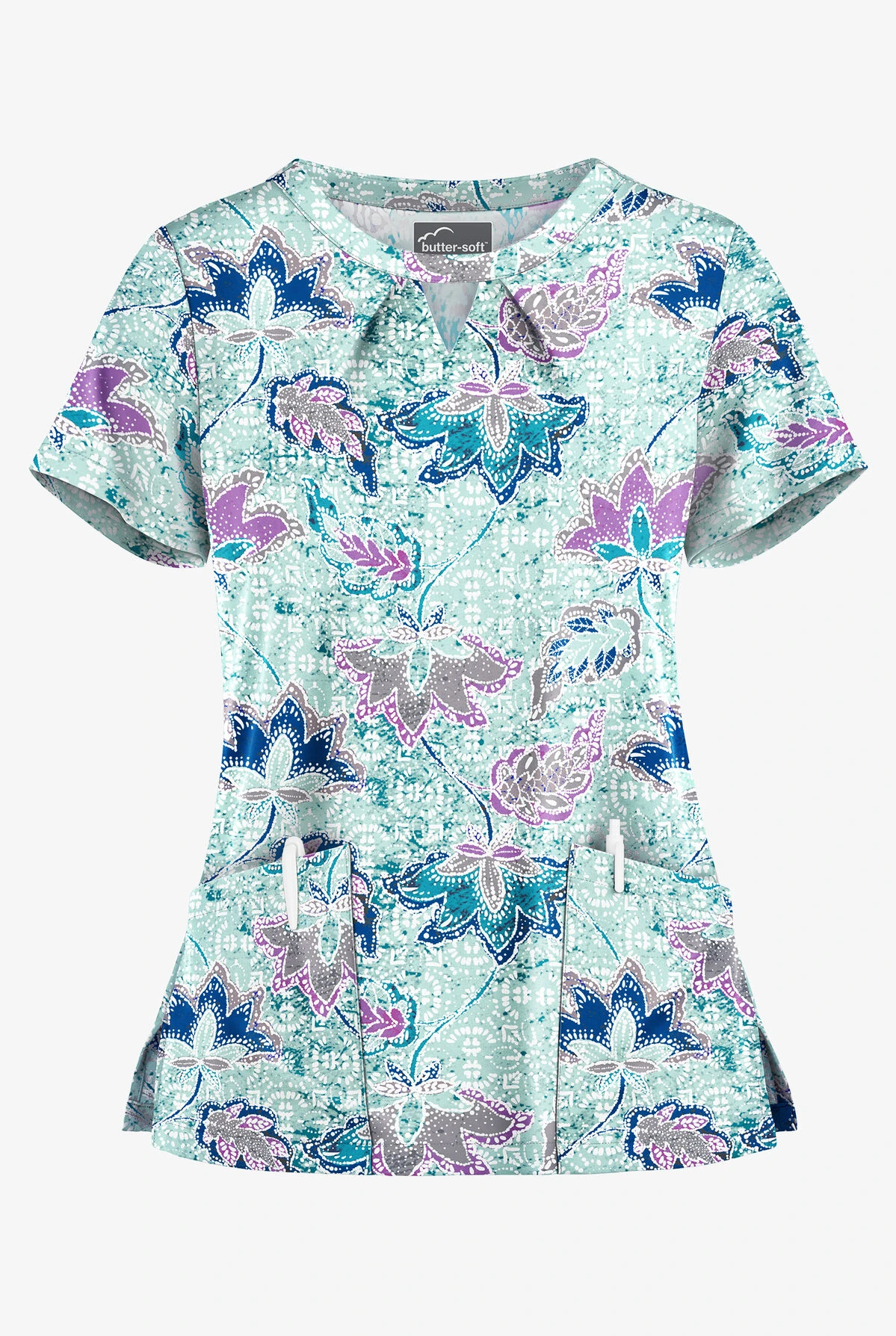 Butter-Soft Chalked Floral Cooling Oasis Women's 2-Pocket Key-Hole Neck Detailed Print Scrub Top 3 Butter-Soft Chalked Floral Cooling Oasis Women's 2-Pocket Key-Hole Neck Detailed Print Scrub Top