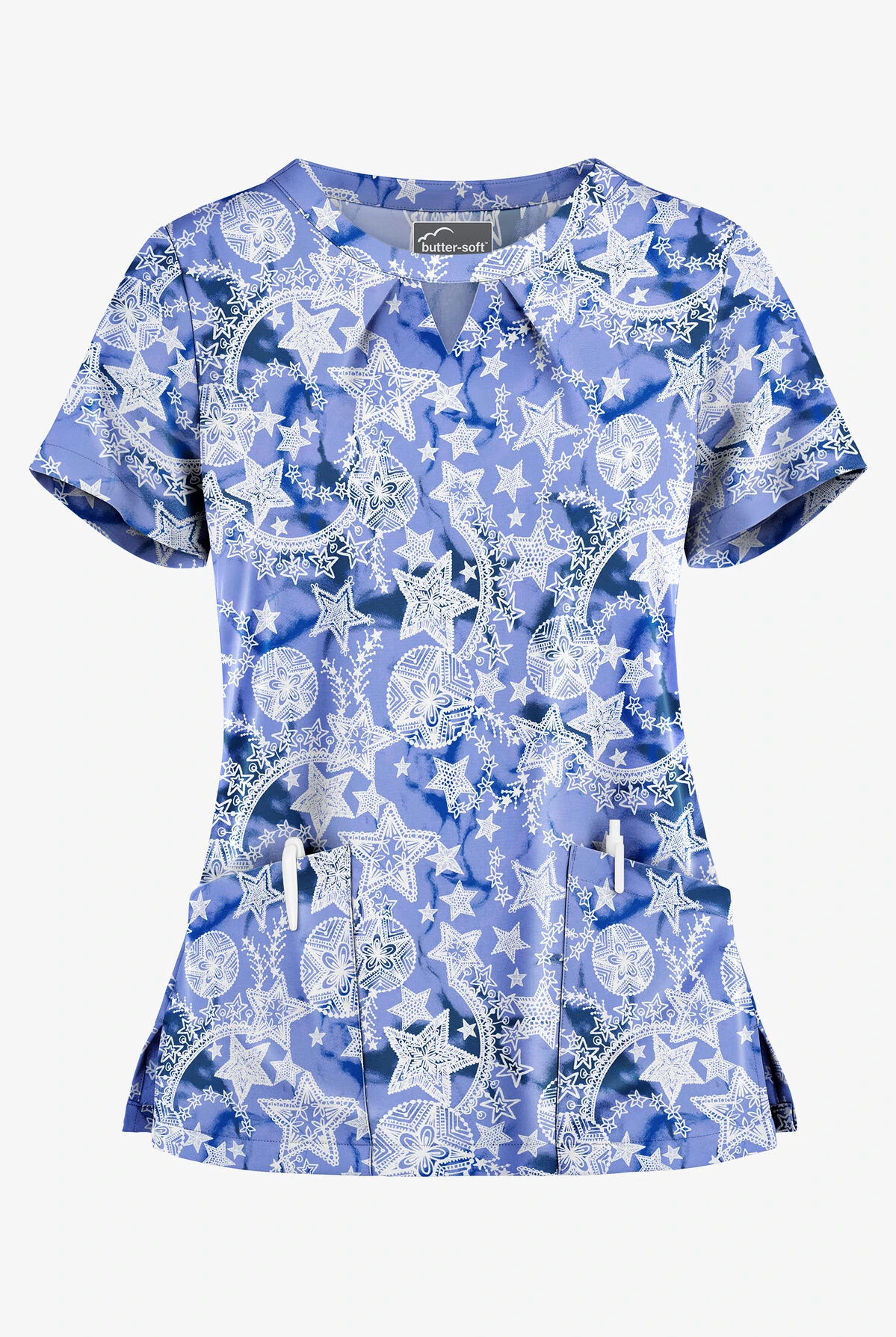 Butter-Soft Cosmic Stars Ceil Women's 2-Pocket Key-Hole Neck Detailed Print Scrub Top 3 Butter-Soft Cosmic Stars Ceil Women's 2-Pocket Key-Hole Neck Detailed Print Scrub Top