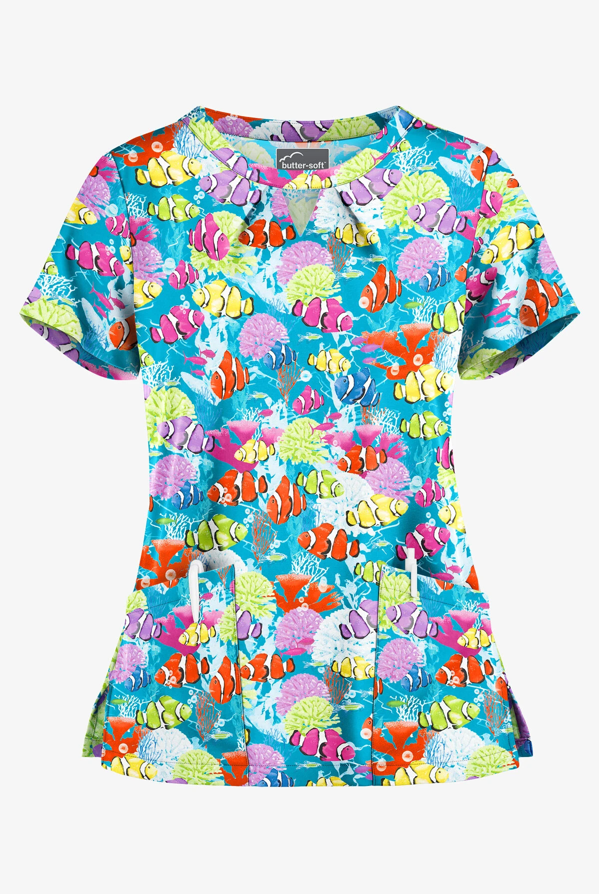 Butter-Soft Dazzling Reef Turquoise Women's 2-Pocket Key-Hole Neck Detailed Print Scrub Top 3 Butter-Soft Dazzling Reef Turquoise Women's 2-Pocket Key-Hole Neck Detailed Print Scrub Top