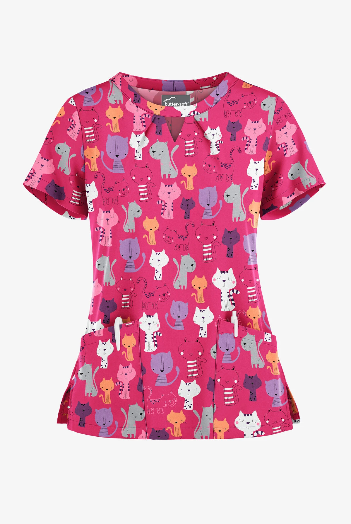 Butter-Soft Paris Cats Fuchsia Women's 2-Pocket Keyhole V Neck Printed Scrub Top 3 Butter-Soft Paris Cats Fuchsia Women's 2-Pocket Keyhole V Neck Printed Scrub Top