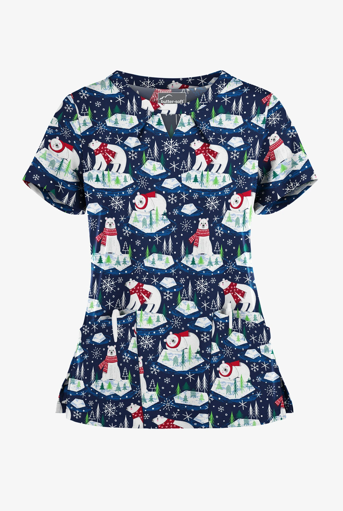 Butter-Soft Polar Holiday Navy Women's 2-Pocket Keyhole V Neck Printed Scrub Top 3 Butter-Soft Polar Holiday Navy Women's 2-Pocket Keyhole V Neck Printed Scrub Top