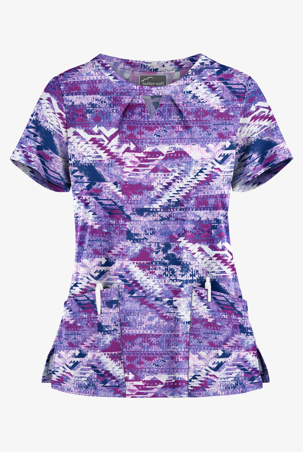 Butter-Soft Sante Fe Modern Orchid Women's 2-Pocket Key-Hole Neck Detailed Print Scrub Top 3 Butter-Soft Sante Fe Modern Orchid Women's 2-Pocket Key-Hole Neck Detailed Print Scrub Top