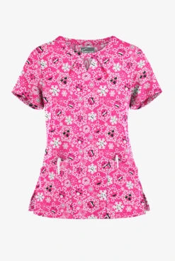 Butter-Soft Smiling Snowflakes Fuchsia Women's 2-Pocket Keyhole V Neck Printed Scrub Top
