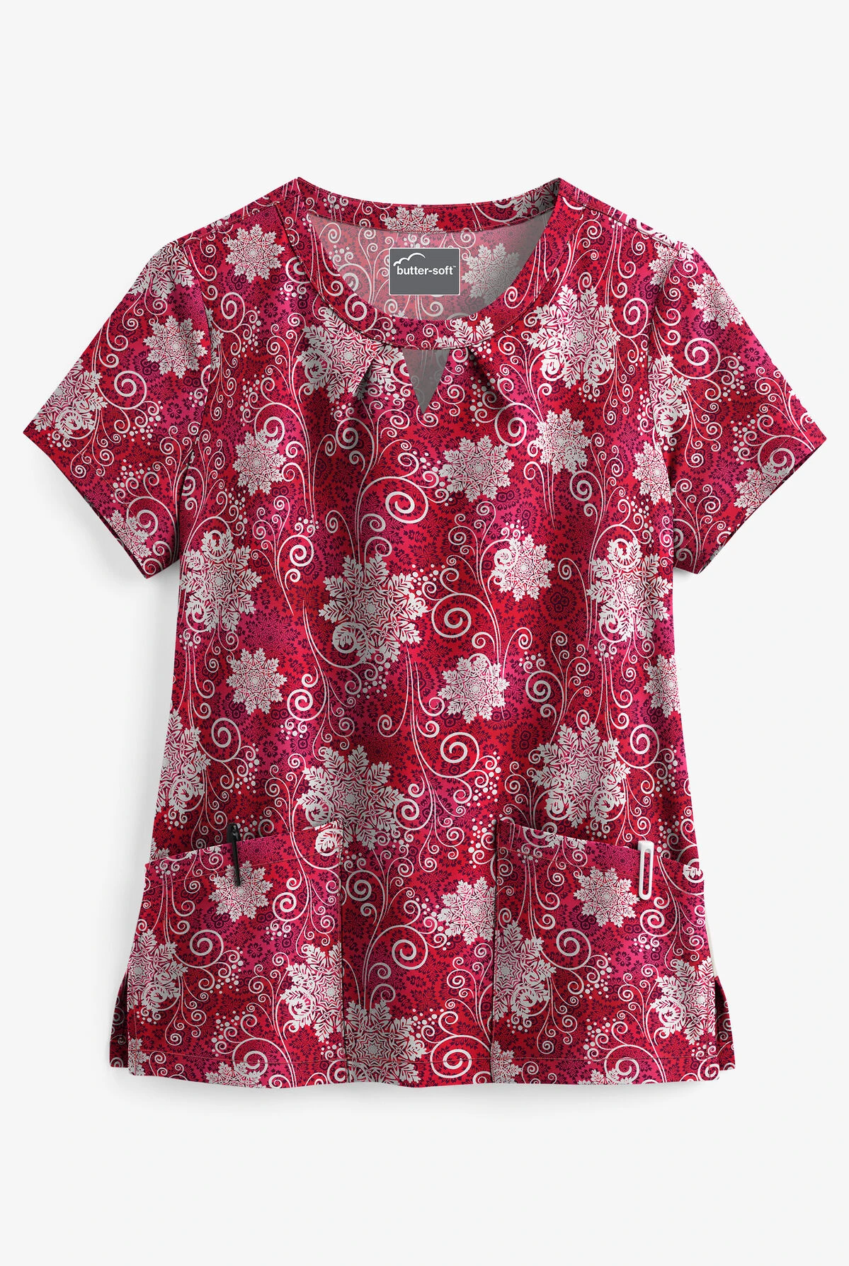 Butter-Soft Winter Breeze Red Women's 2-Pocket Key-Hole Neck Detailed Print Scrub Top 3 Butter-Soft Winter Breeze Red Women's 2-Pocket Key-Hole Neck Detailed Print Scrub Top