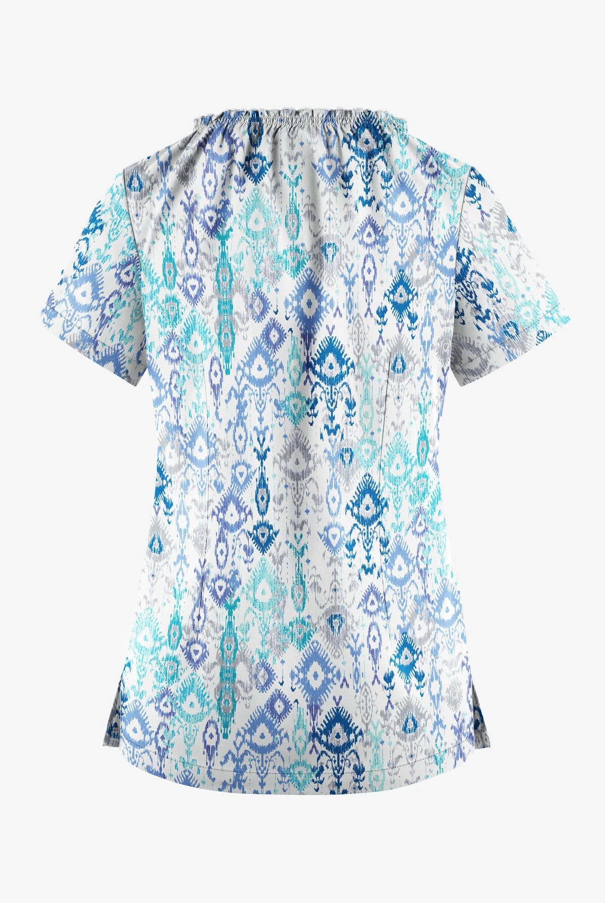 UA Butter-Soft STRETCH Cascading Ikat Amparo Blue Women's 6-Pocket Peasant Style Print Scrub Top 4 UA Butter-Soft STRETCH Cascading Ikat Amparo Blue Women's 6-Pocket Peasant Style Print Scrub Top - Image 2