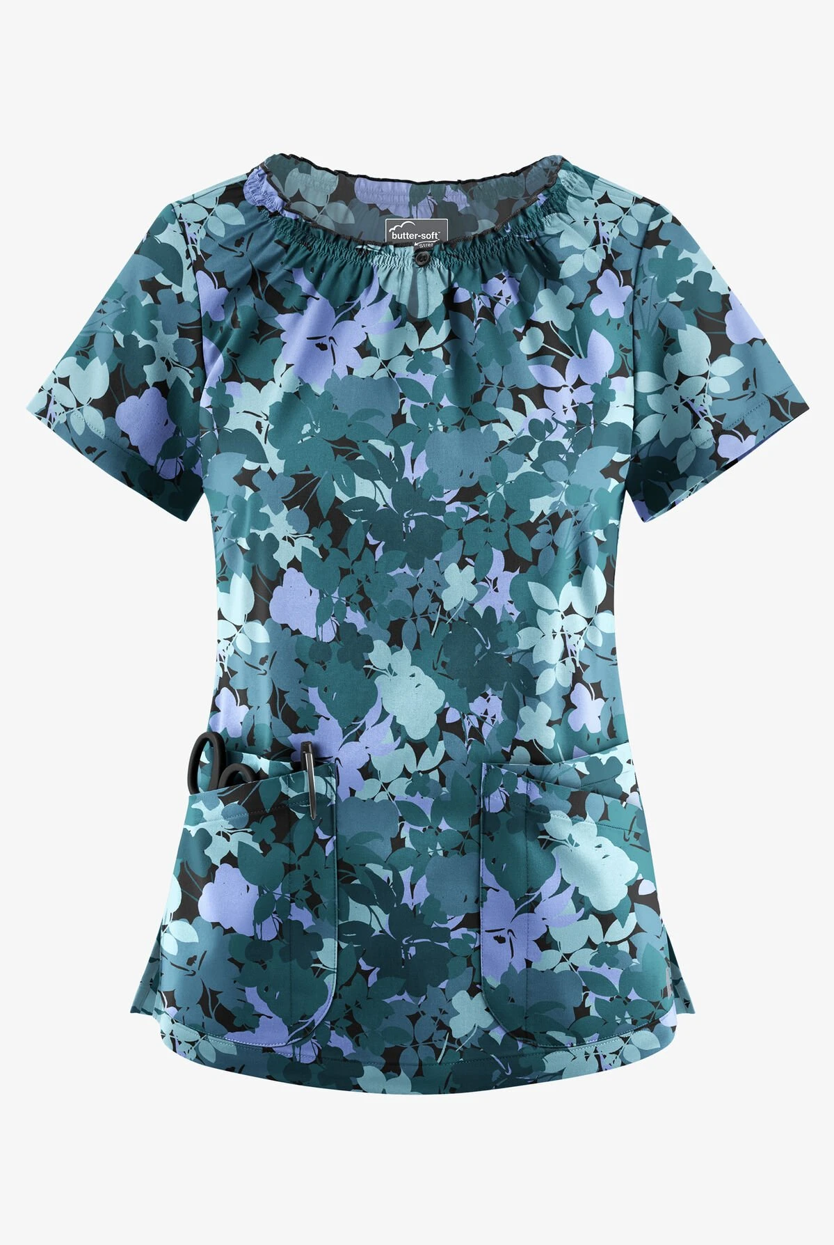 UA Butter-Soft STRETCH Layered Floral Women's 6-Pocket Short Sleeve Peasant Style Printed Scrub Top 3 UA Butter-Soft STRETCH Layered Floral Women's 6-Pocket Short Sleeve Peasant Style Printed Scrub Top