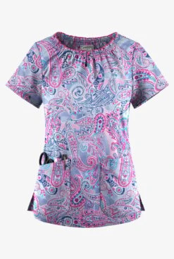 UA Butter-Soft STRETCH Paisley Romance Fuchsia Women's 6-Pocket Peasant Style Printed Scrub Top