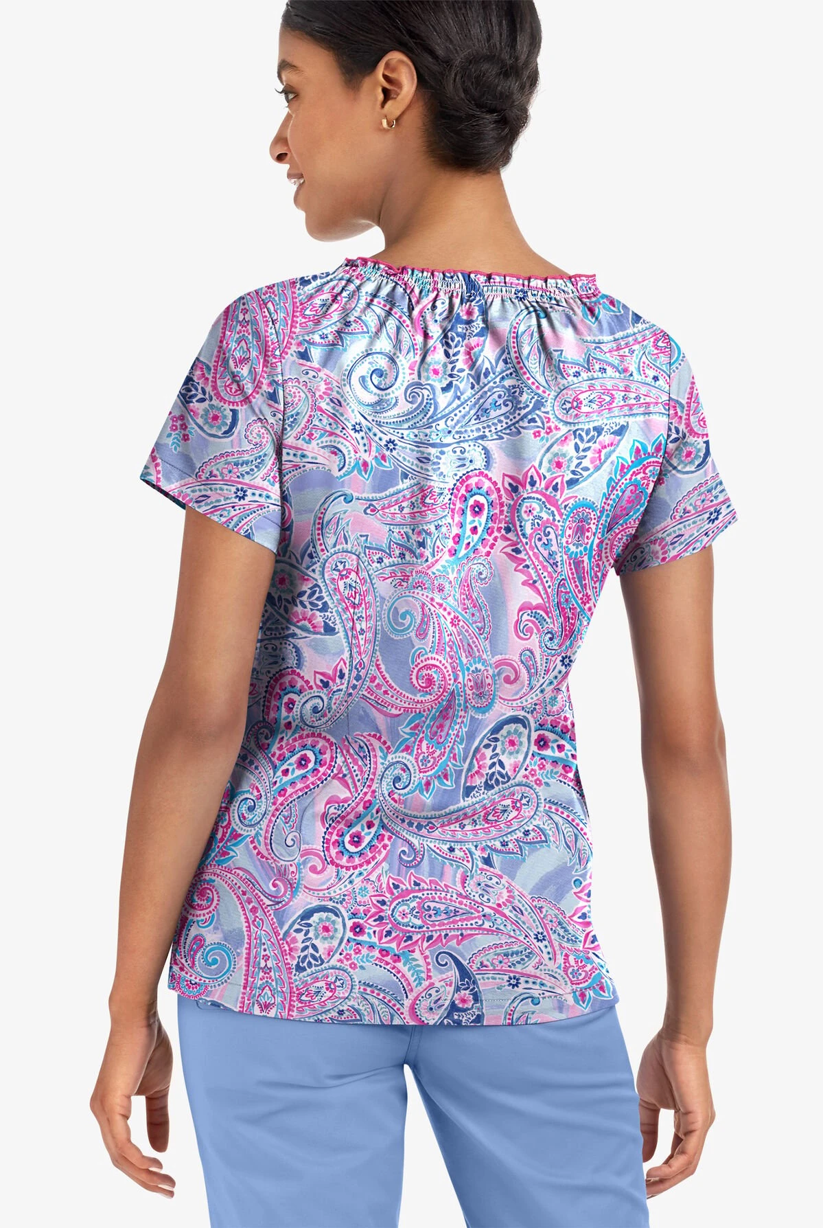 UA Butter-Soft STRETCH Paisley Romance Fuchsia Women's 6-Pocket Peasant Style Printed Scrub Top 5 UA Butter-Soft STRETCH Paisley Romance Fuchsia Women's 6-Pocket Peasant Style Printed Scrub Top - Image 3