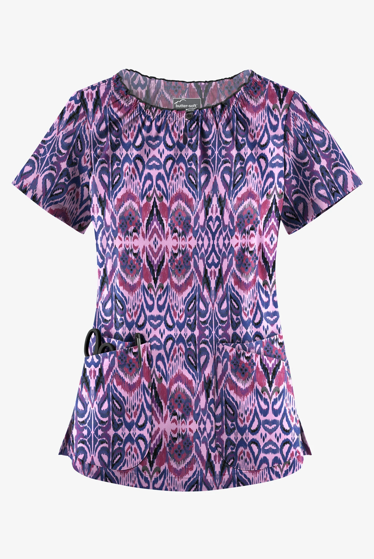 UA Butter-Soft STRETCH Romanian Ikat Orchid Women's 6-Pocket Peasant Style Print Scrub Top 3 UA Butter-Soft STRETCH Romanian Ikat Orchid Women's 6-Pocket Peasant Style Print Scrub Top
