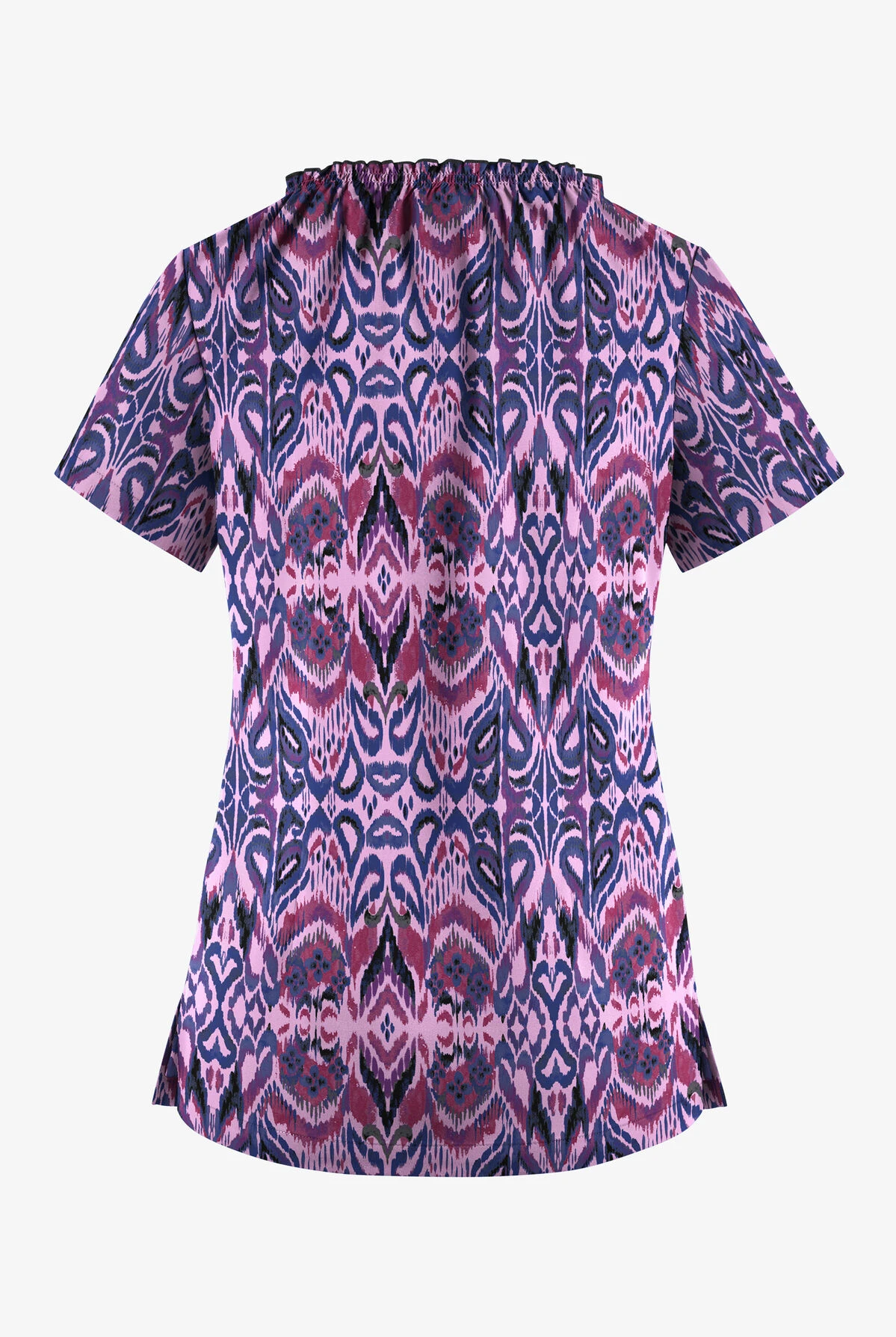 UA Butter-Soft STRETCH Romanian Ikat Orchid Women's 6-Pocket Peasant Style Print Scrub Top 4 UA Butter-Soft STRETCH Romanian Ikat Orchid Women's 6-Pocket Peasant Style Print Scrub Top - Image 2