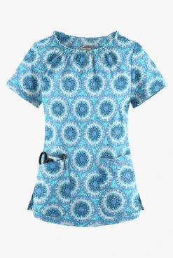 UA Butter-Soft STRETCH Splash Of Geo Aqua Moon Women's 6-Pocket Peasant Style Print Scrub Top