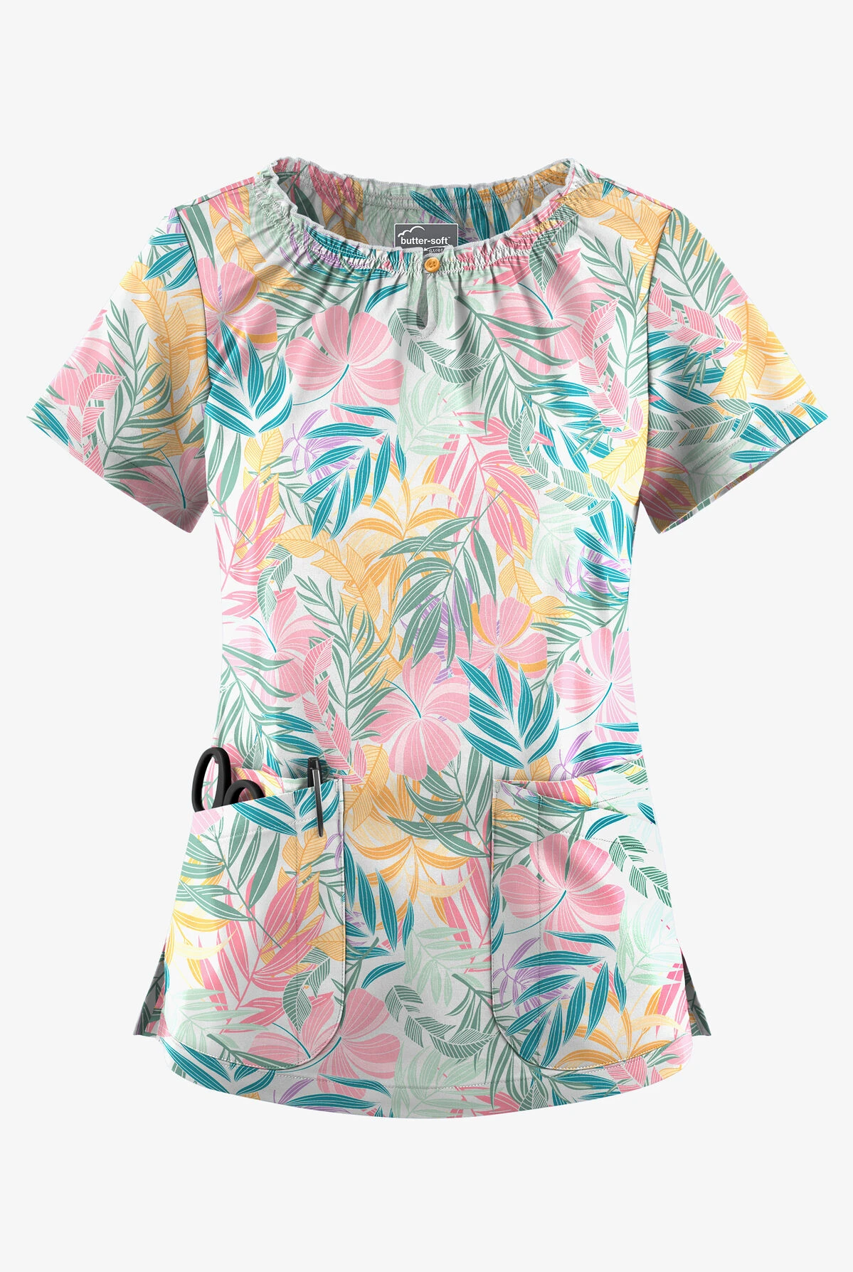 UA Butter-Soft STRETCH Tropical Mix Women's 6-Pocket Peasant Style Printed Scrub Top 3 UA Butter-Soft STRETCH Tropical Mix Women's 6-Pocket Peasant Style Printed Scrub Top