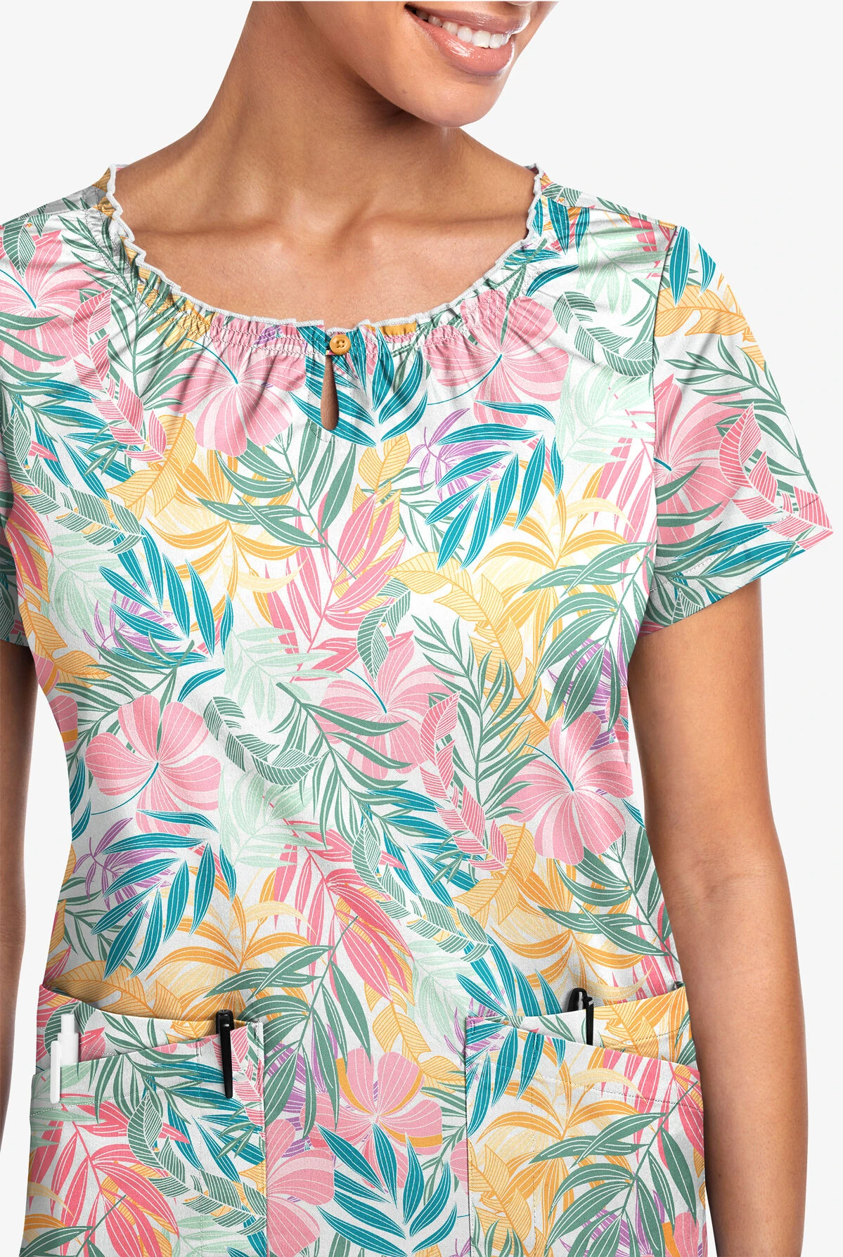 UA Butter-Soft STRETCH Tropical Mix Women's 6-Pocket Peasant Style Printed Scrub Top 4 UA Butter-Soft STRETCH Tropical Mix Women's 6-Pocket Peasant Style Printed Scrub Top - Image 2