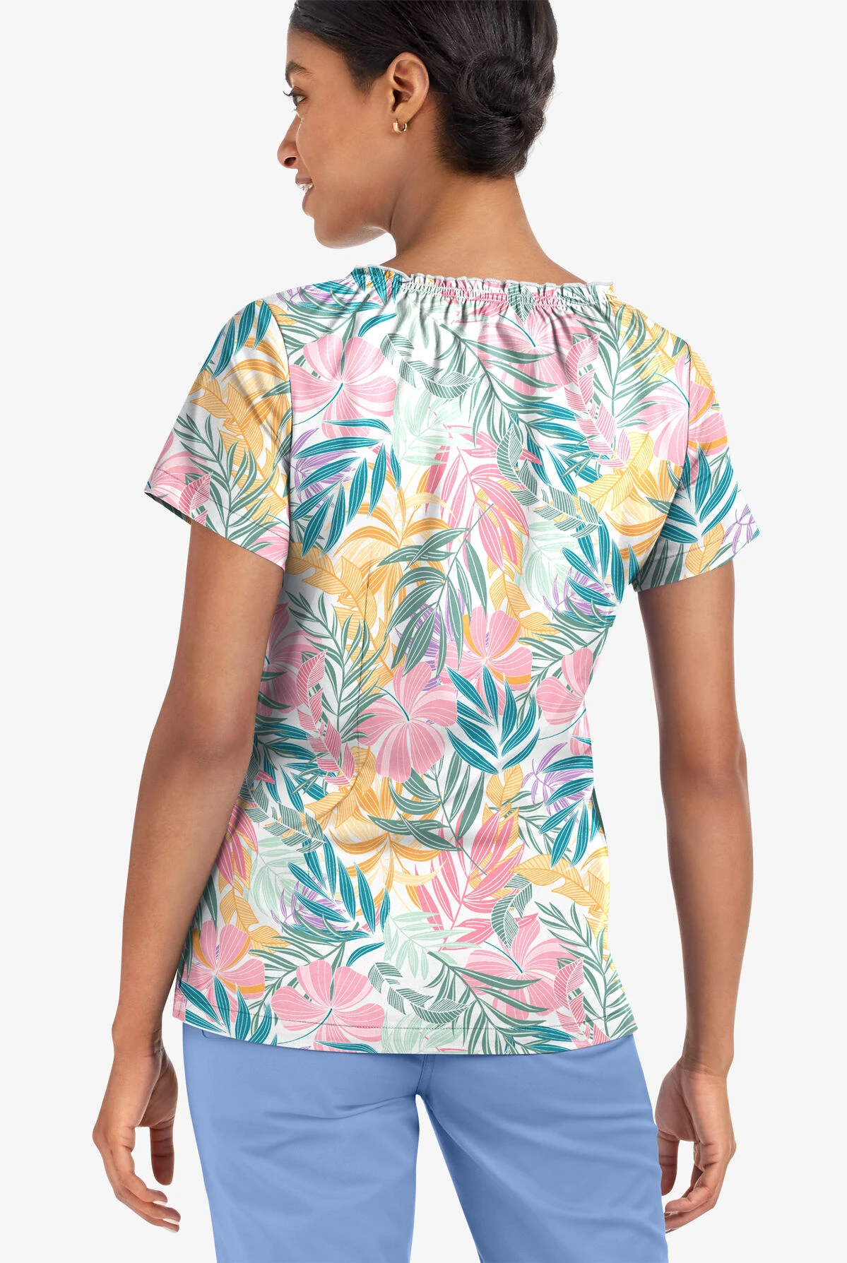 UA Butter-Soft STRETCH Tropical Mix Women's 6-Pocket Peasant Style Printed Scrub Top 5 UA Butter-Soft STRETCH Tropical Mix Women's 6-Pocket Peasant Style Printed Scrub Top - Image 3