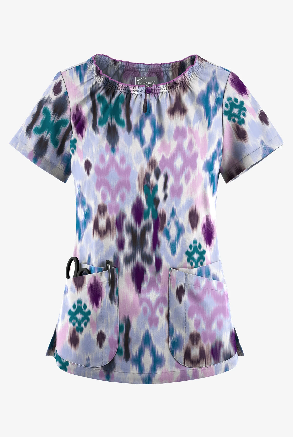 UA Butter-Soft STRETCH Varna Ikat Orchid Women's 6-Pocket Peasant Style Printed Scrub Top 3 UA Butter-Soft STRETCH Varna Ikat Orchid Women's 6-Pocket Peasant Style Printed Scrub Top