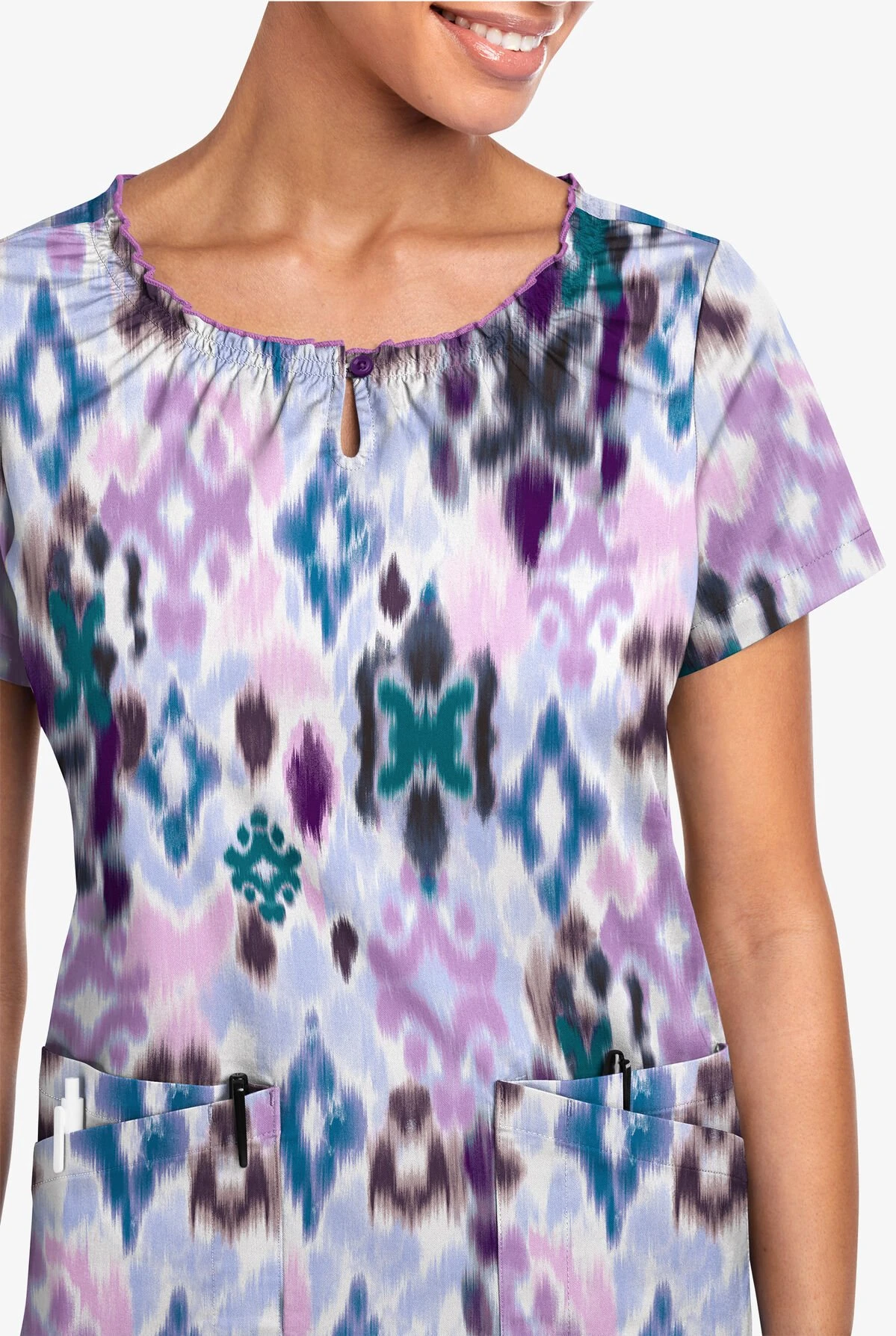 UA Butter-Soft STRETCH Varna Ikat Orchid Women's 6-Pocket Peasant Style Printed Scrub Top 4 UA Butter-Soft STRETCH Varna Ikat Orchid Women's 6-Pocket Peasant Style Printed Scrub Top - Image 2