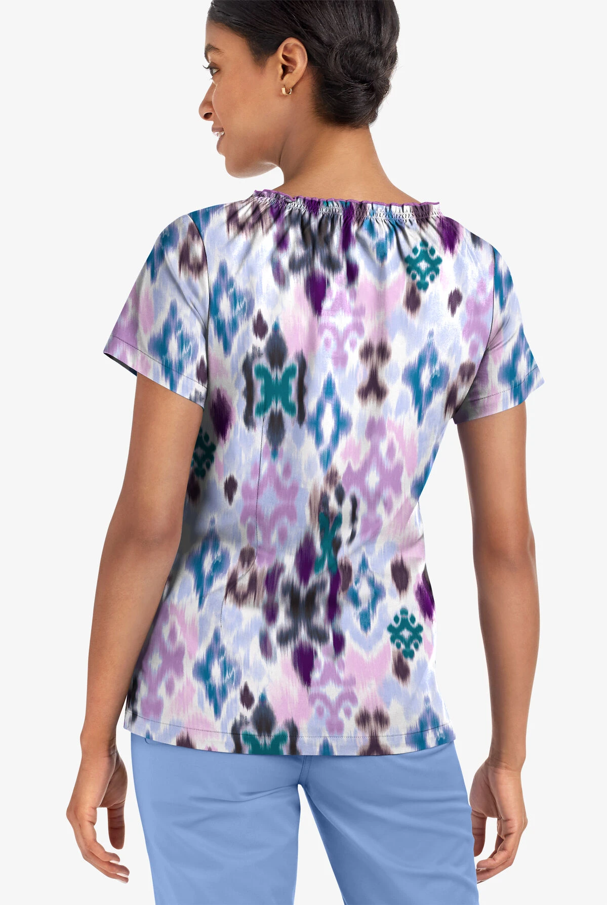 UA Butter-Soft STRETCH Varna Ikat Orchid Women's 6-Pocket Peasant Style Printed Scrub Top 5 UA Butter-Soft STRETCH Varna Ikat Orchid Women's 6-Pocket Peasant Style Printed Scrub Top - Image 3